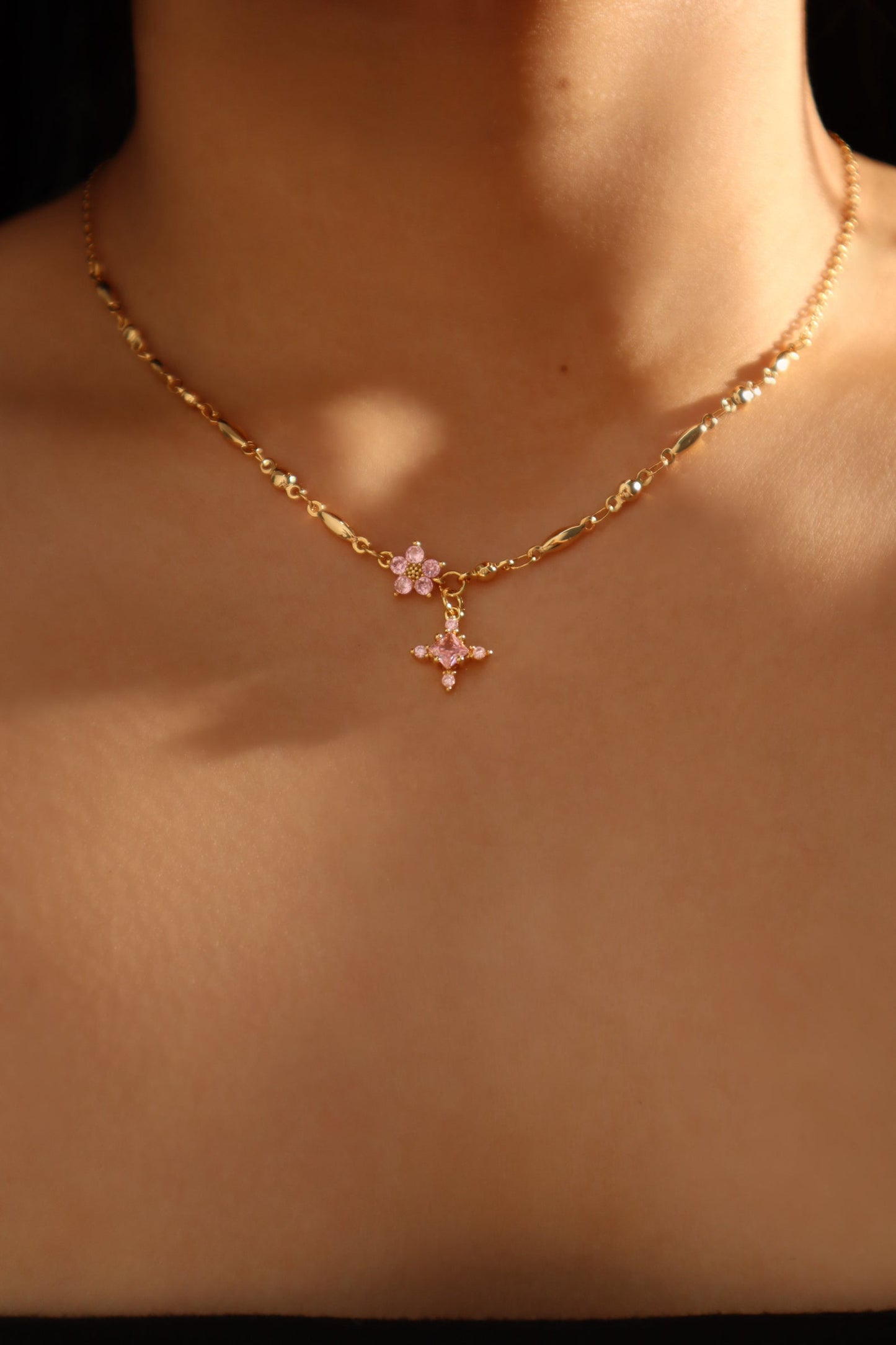 18K Real Gold Plated Pink Diamond Cross Necklace