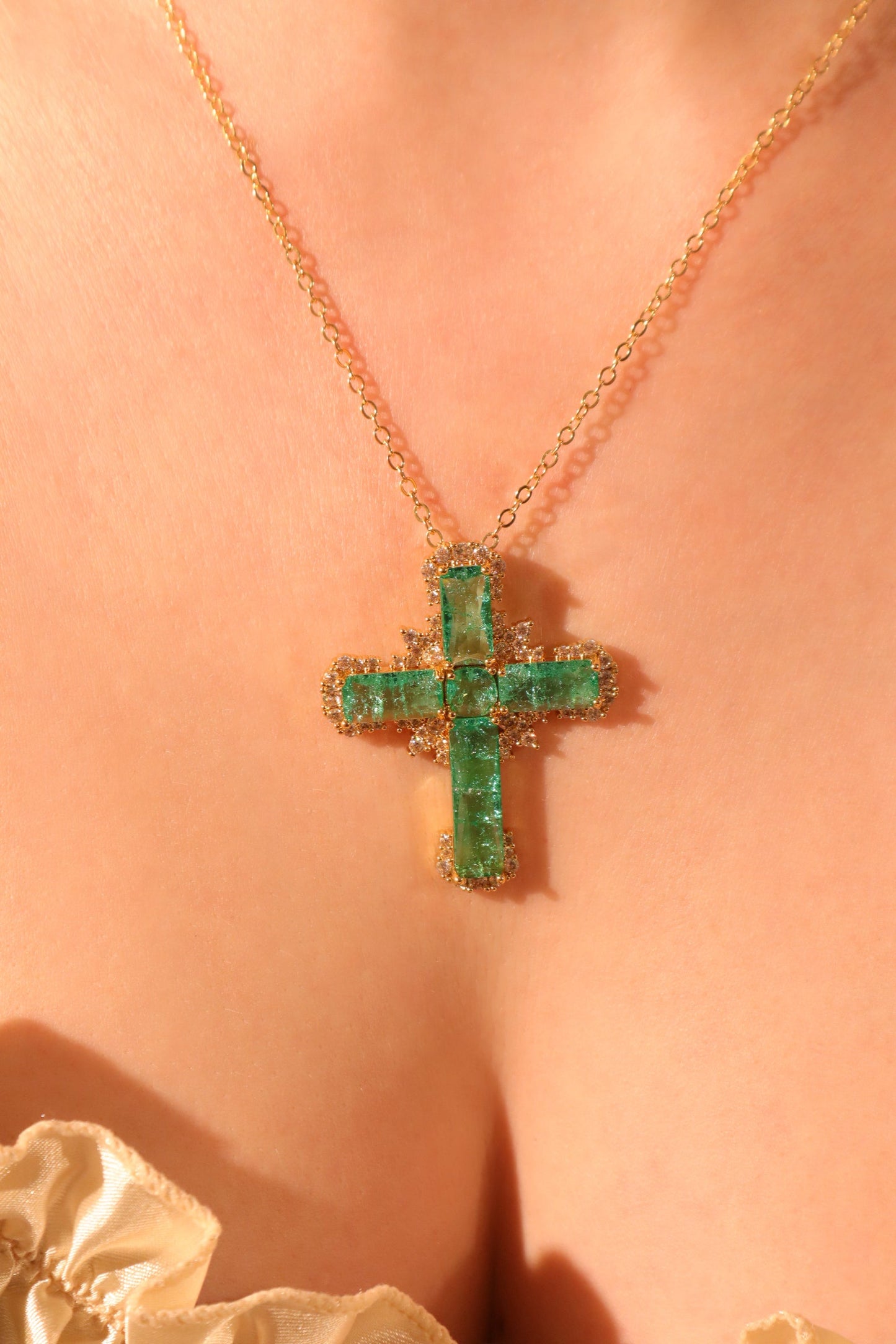 Gold Plated Green Cross Necklace