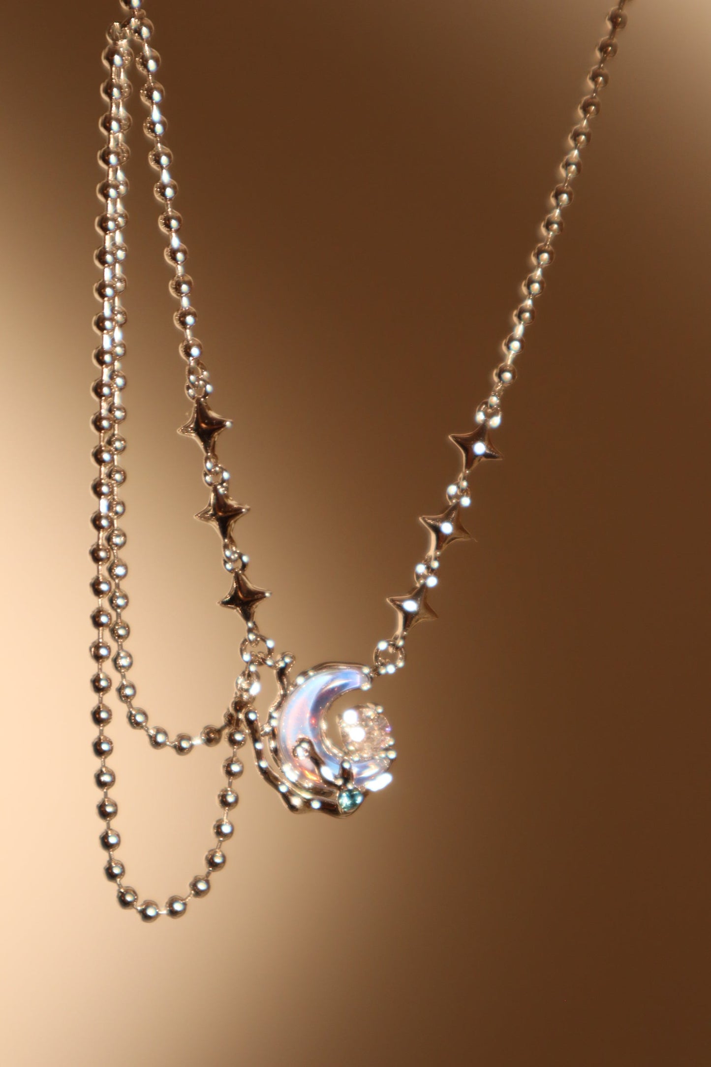 Platinum Plated Diamond Moonstone Moon Necklace