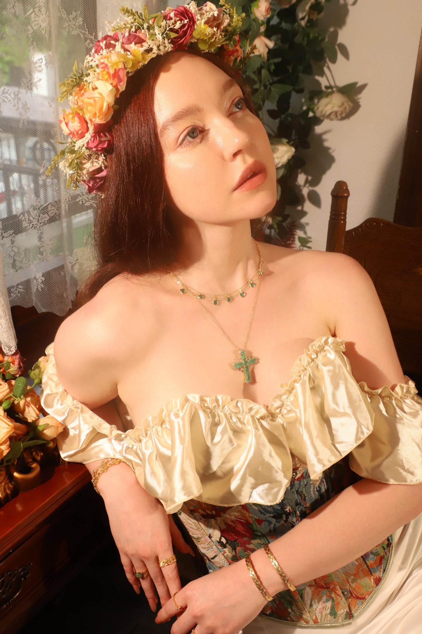 Gold Plated Green Cross Necklace