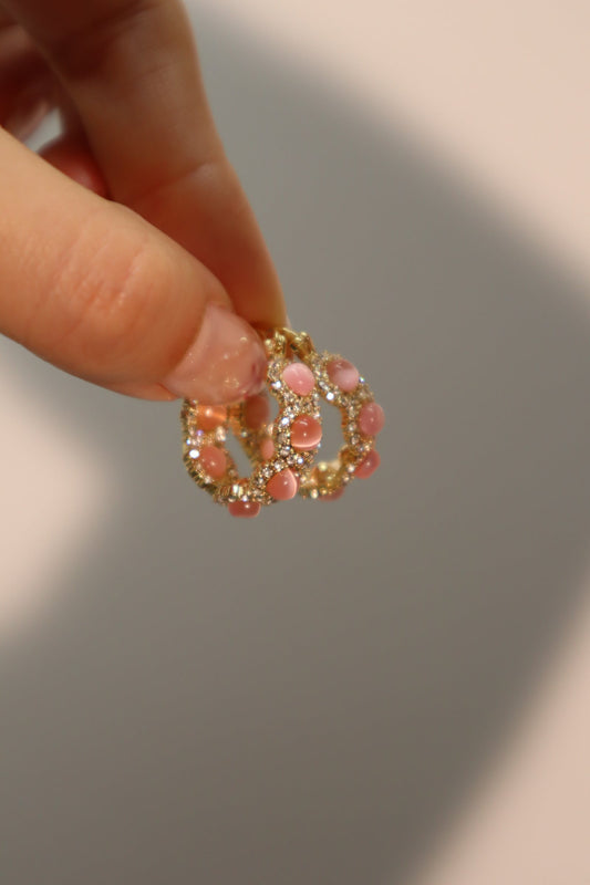 14K Real Gold Plated Pink Opal Hoop Earrings