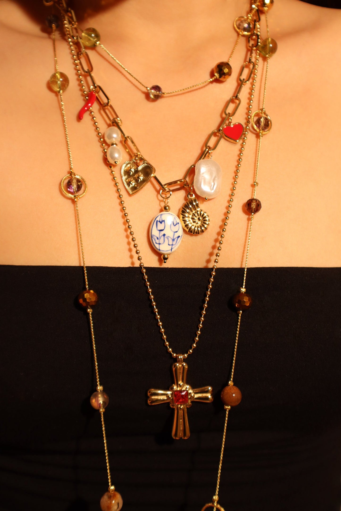 18K Gold Stainless Steel Red Gem Cross Necklace