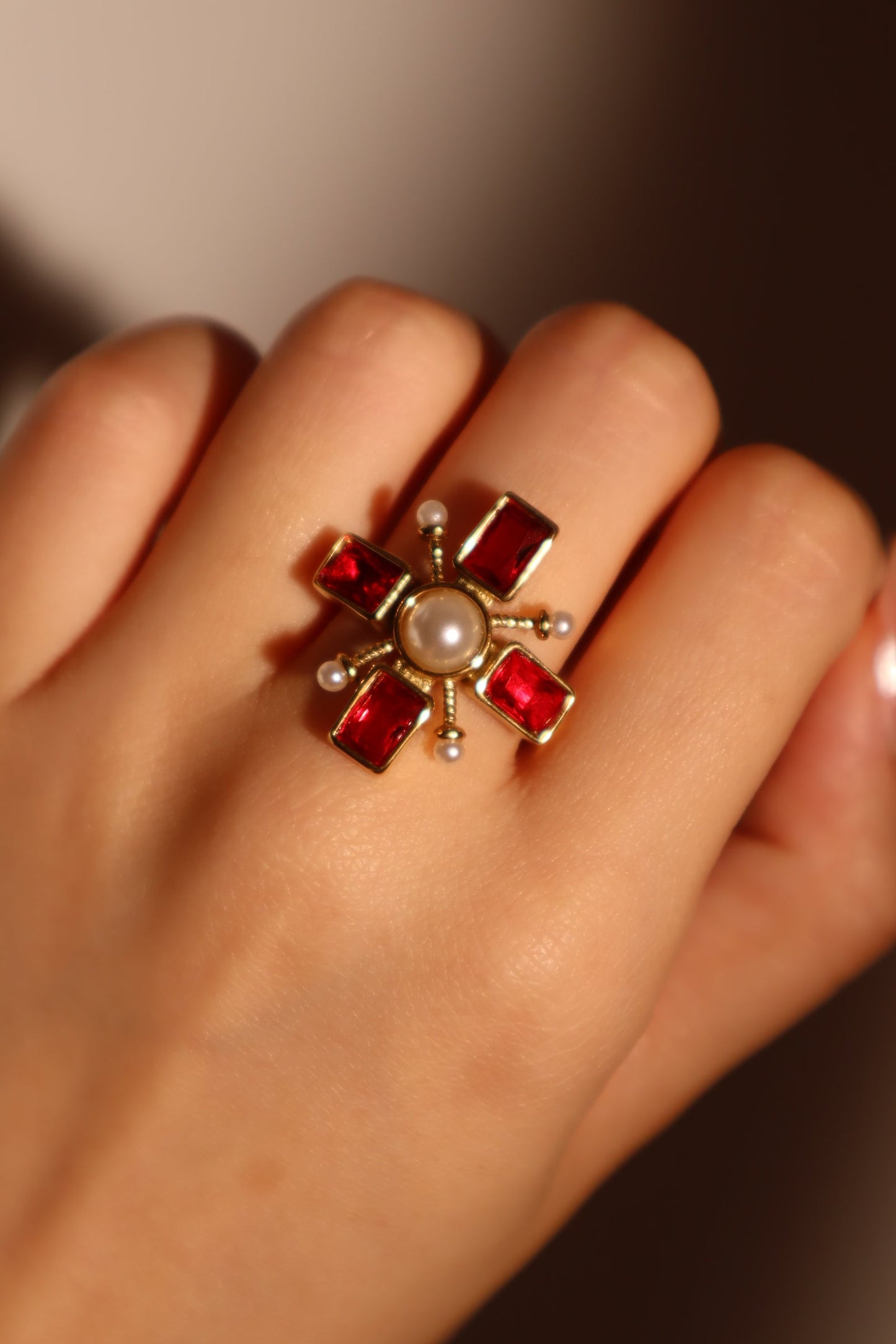 18K Gold Stainless Steel Red Cross Pearl Ring