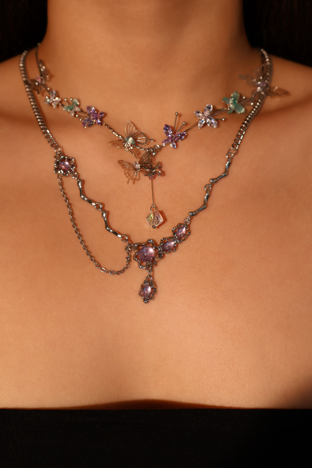 Multi Color Gem Butterfly Necklace