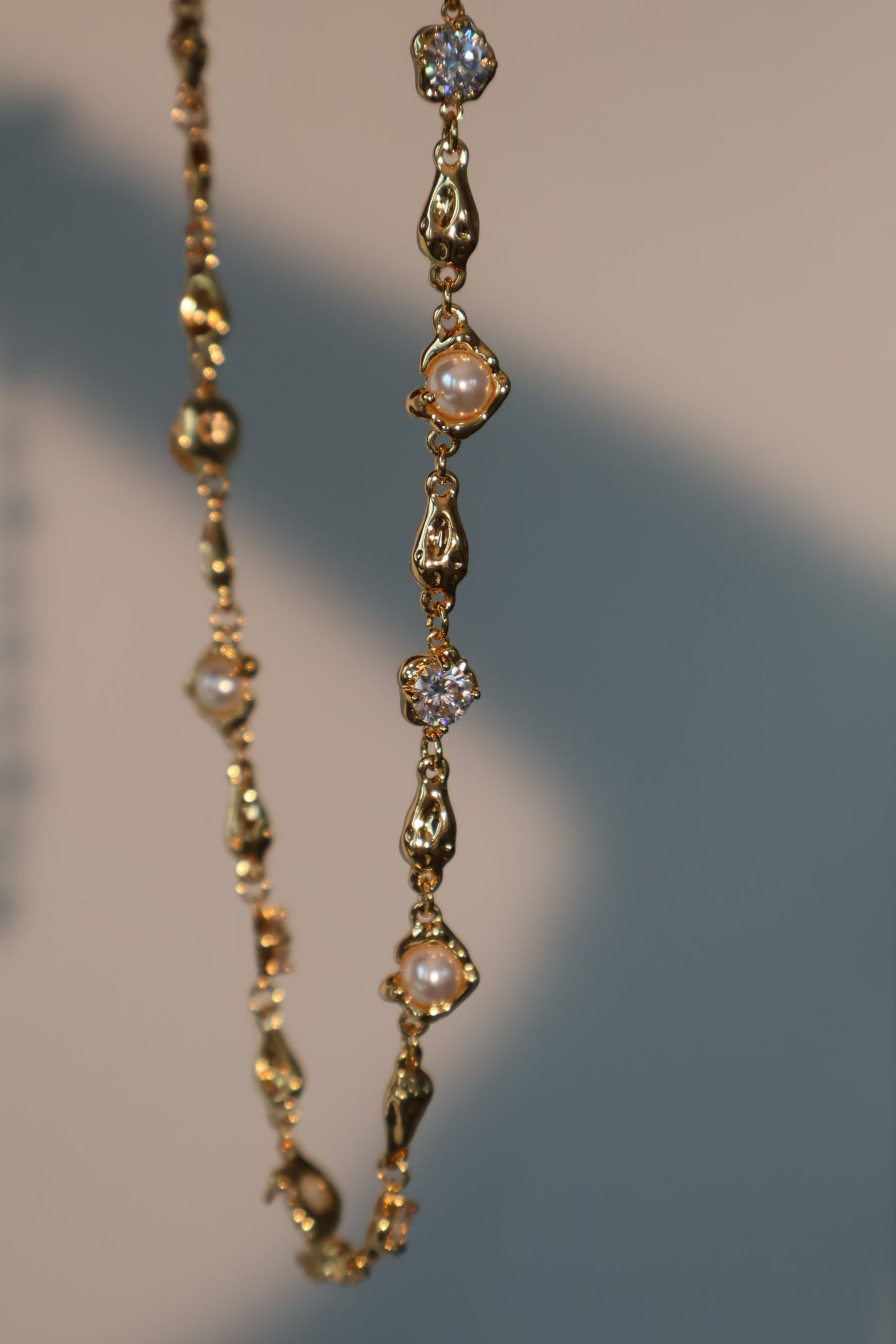 18K Real Gold Plated Multi Diamond Pearl Necklace