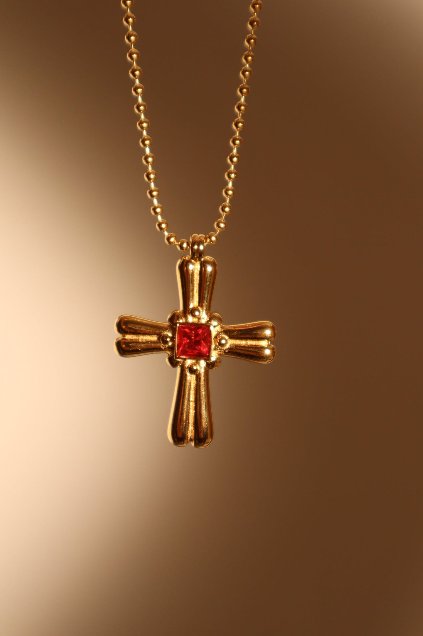 18K Gold Stainless Steel Red Gem Cross Necklace