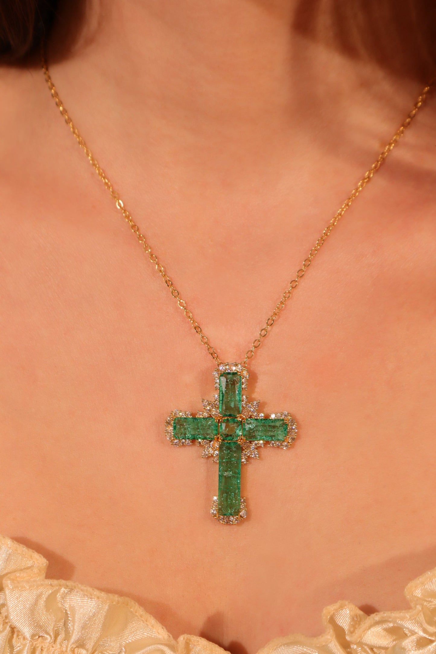 Gold Plated Green Cross Necklace
