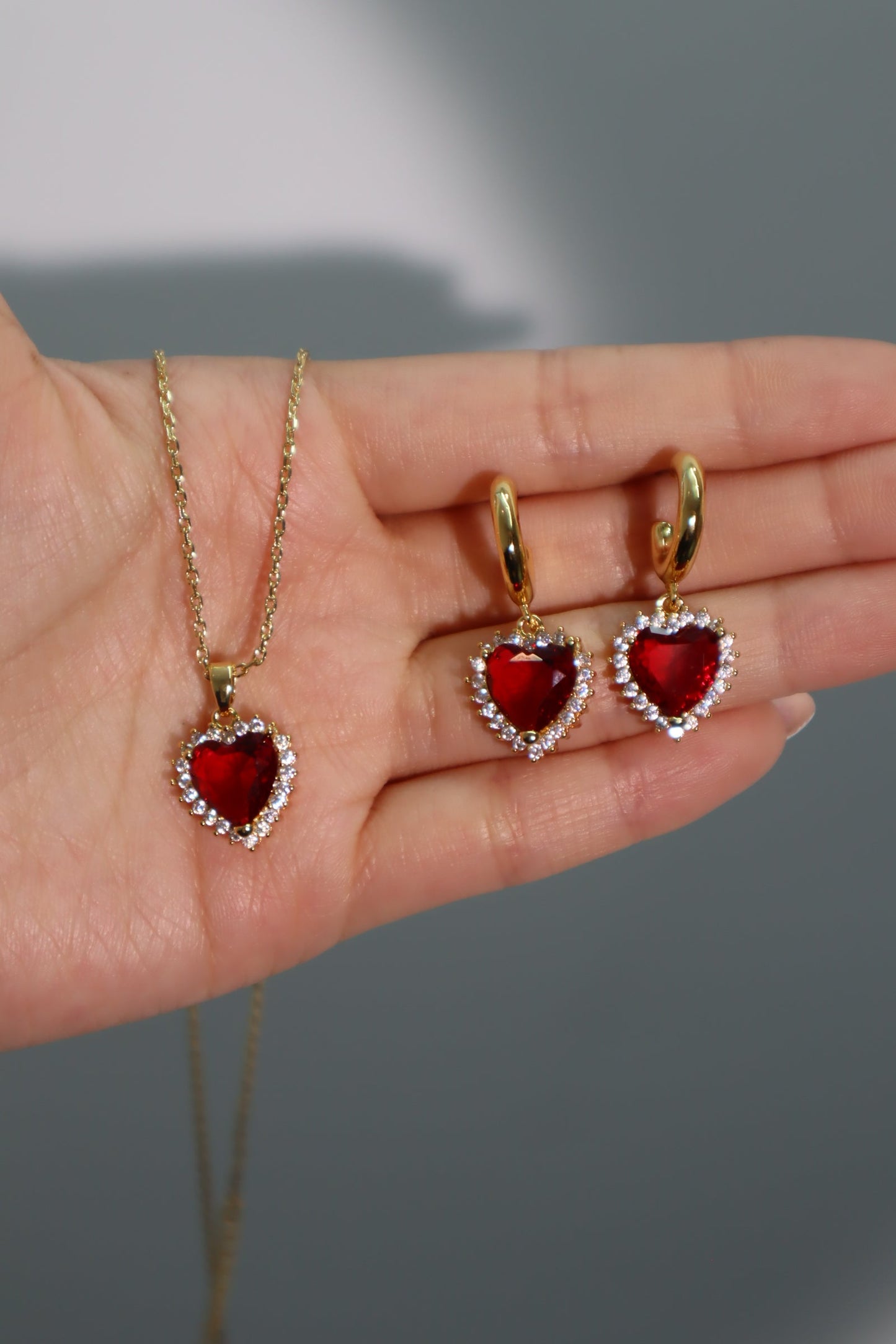 18K Real Gold Plated Red Gem Diamond Heart Earrings (Pre-order)