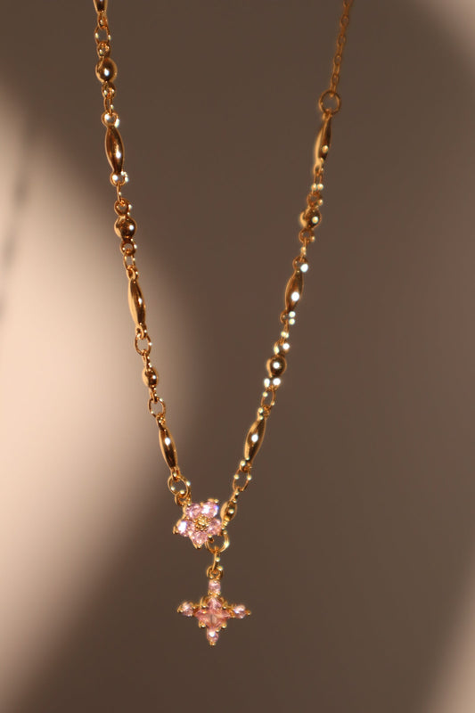 18K Real Gold Plated Pink Diamond Cross Necklace