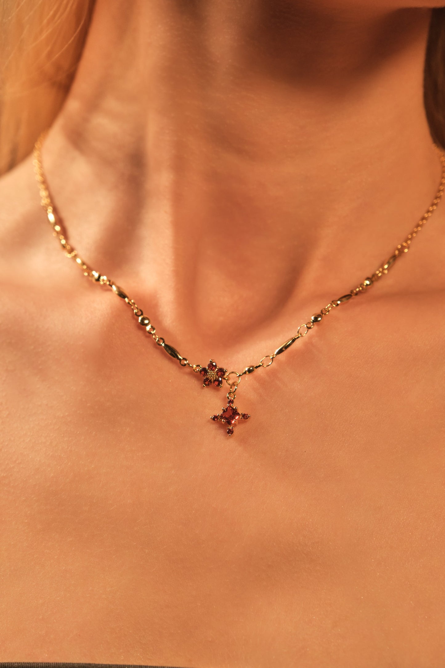 18K Real Gold Plated Garnet Diamond Cross Necklace