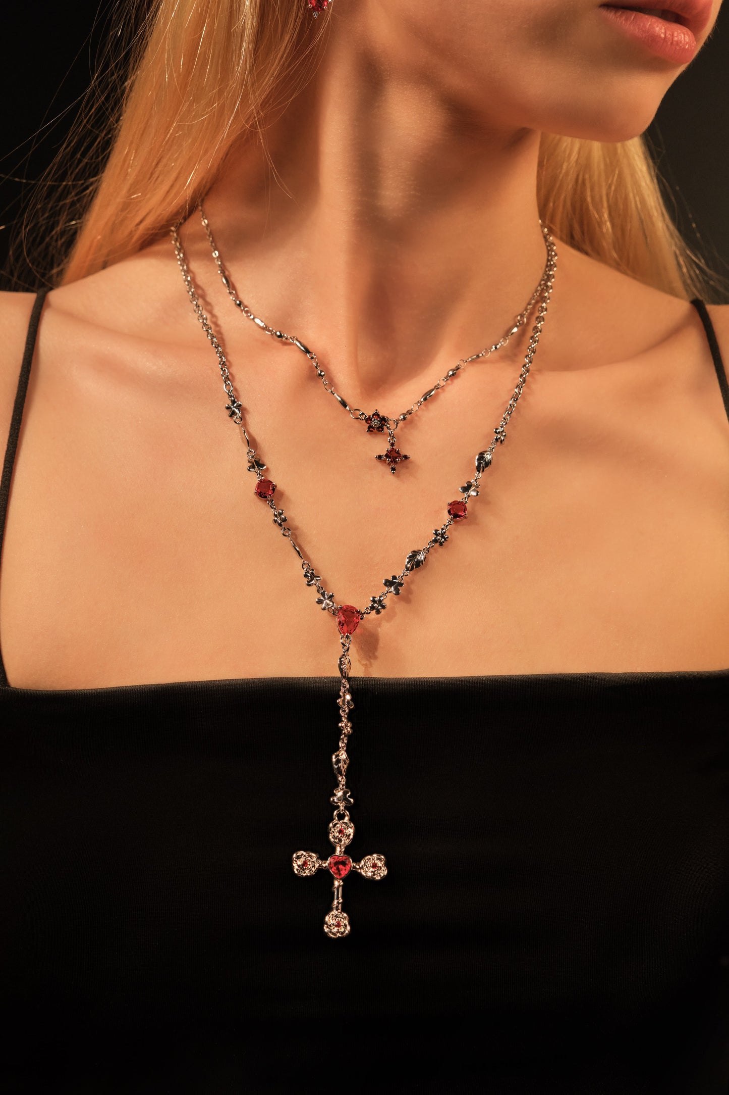 Platinum Plated Garnet Diamond Cross Necklace
