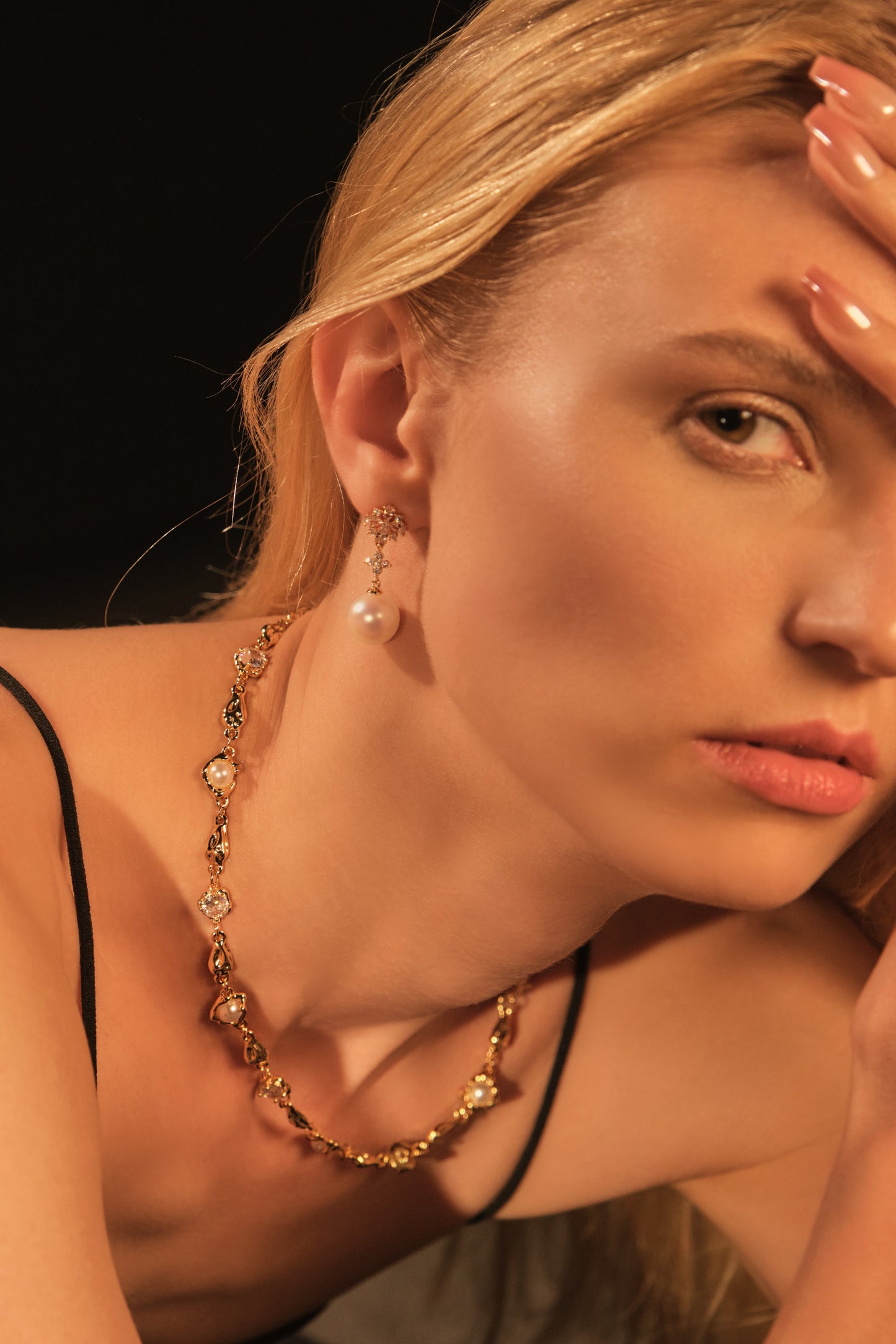 18K Real Gold Plated Multi Diamond Pearl Necklace