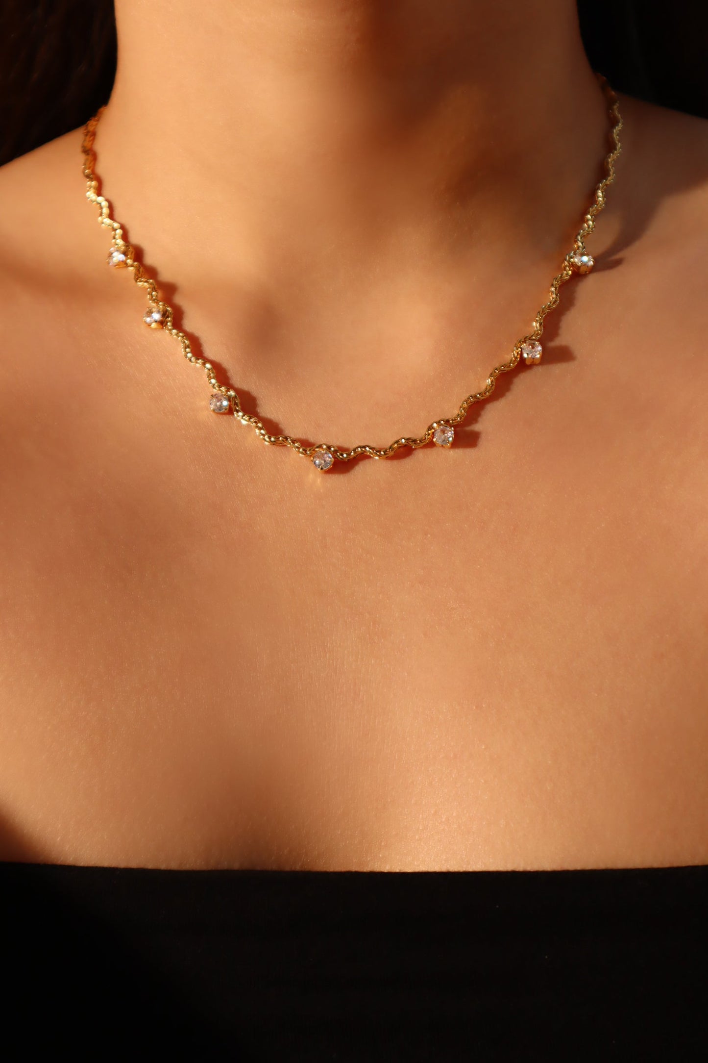 18K Real Gold Plated Diamond Wave Necklace