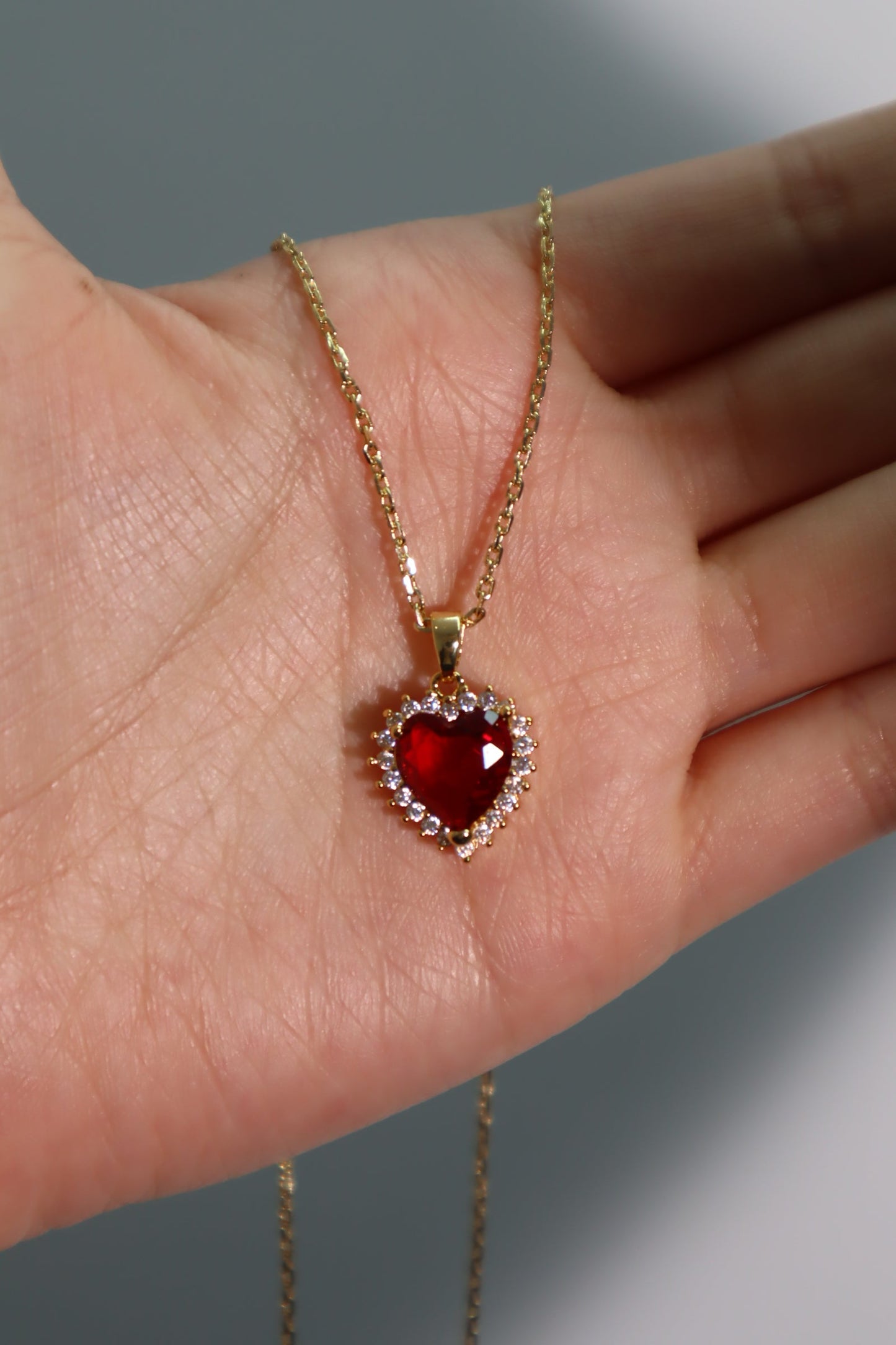 18K Real Gold Plated Red Gem Diamond Heart Necklace