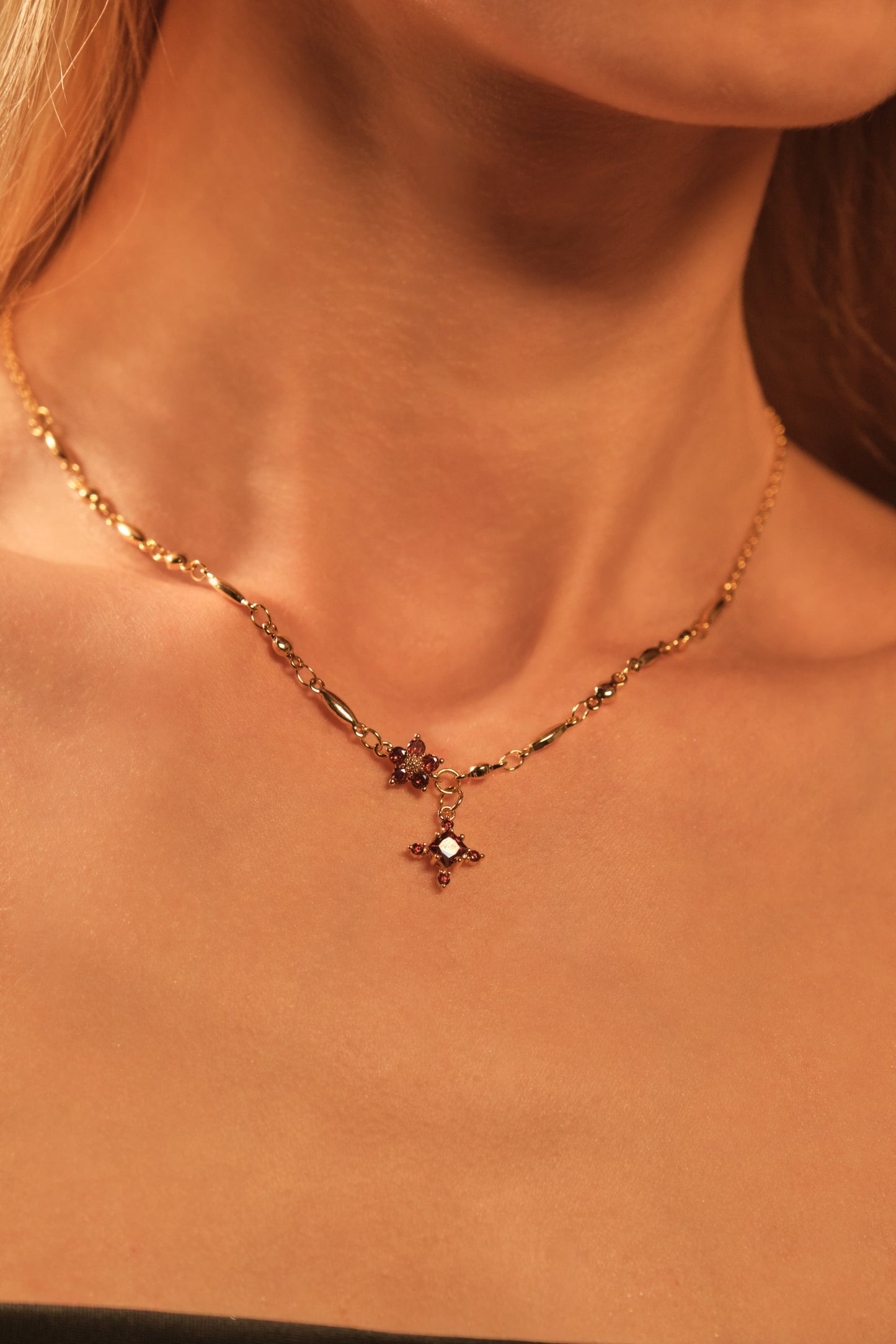 18K Real Gold Plated Garnet Diamond Cross Necklace