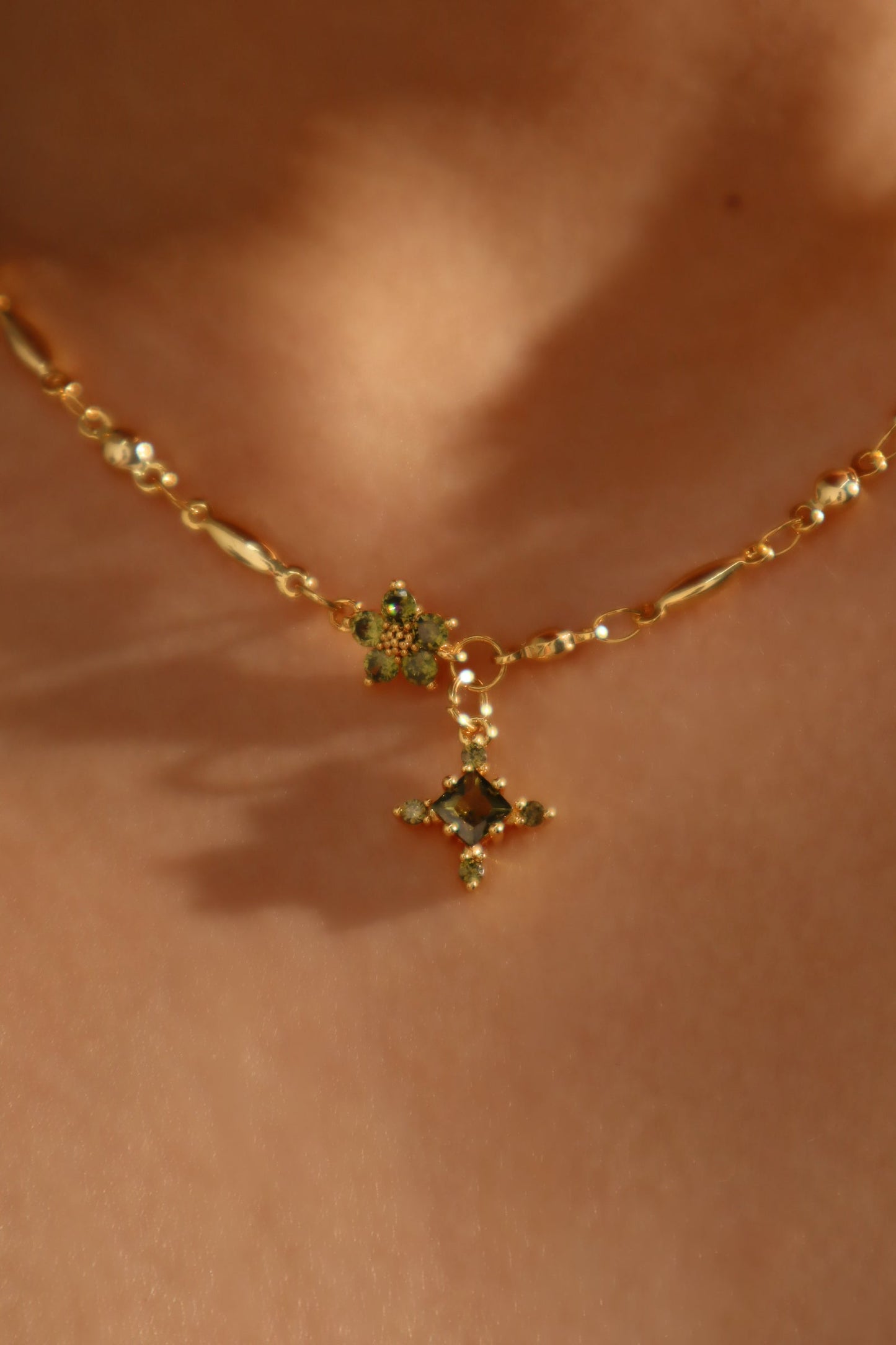 18K Real Gold Plated Green Diamond Cross Necklace