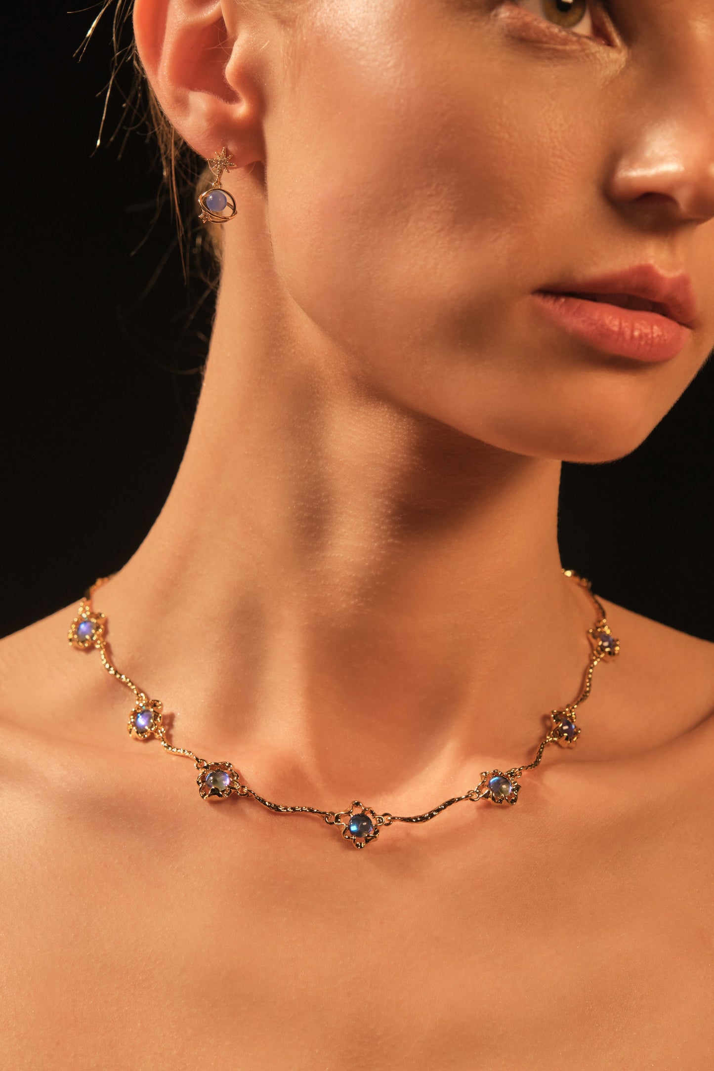 18K Real Gold Plated Multi Deep Blue Moonstones Necklace