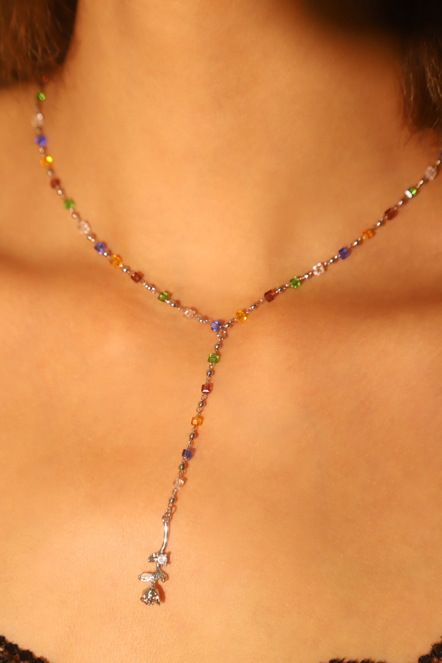Platinum Plated Color Gem Rose Lariat Long Necklace