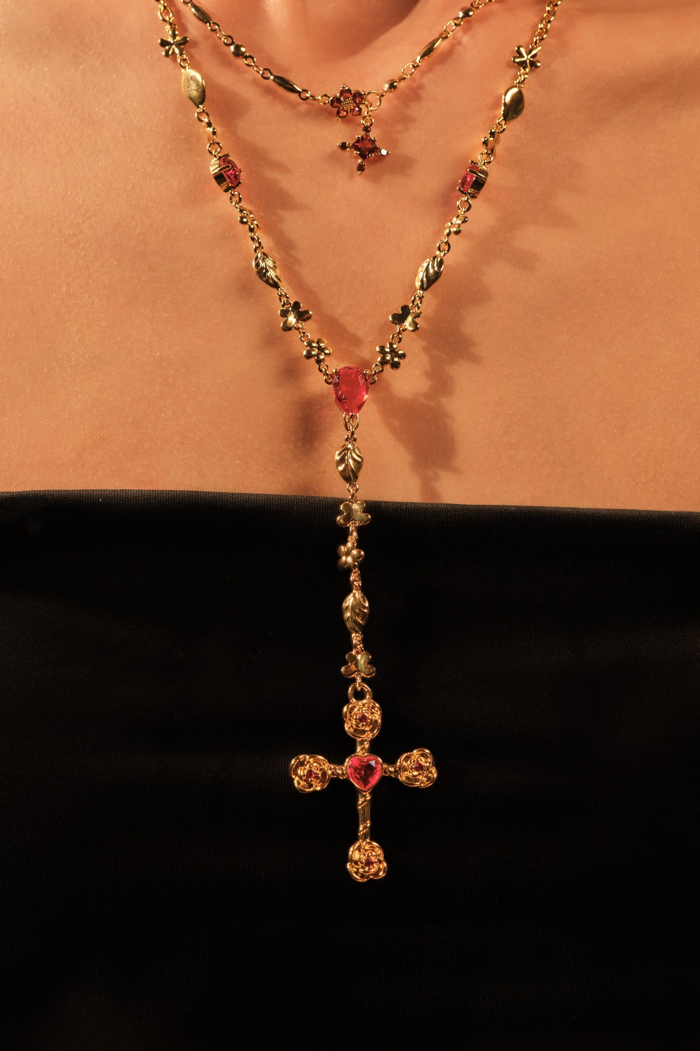 18K Real Gold Plated Red Gem Cross Lariat Necklace