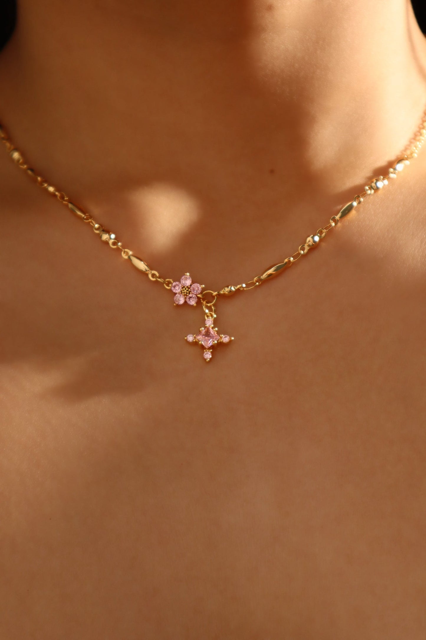 18K Real Gold Plated Pink Diamond Cross Necklace
