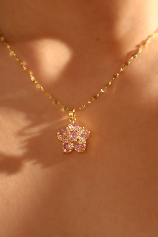 18K Real Gold Plated Spinning Pink Flowers Necklace