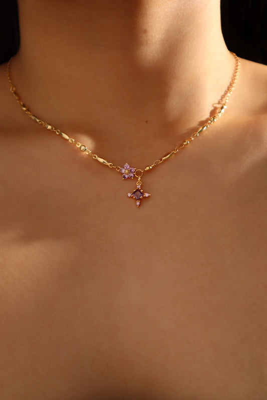 18K Real Gold Plated Purple Diamond Cross Necklace
