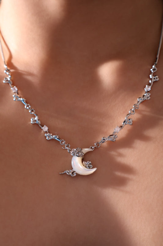 Platinum Plated Diamonds Natural Shell Moon Necklace