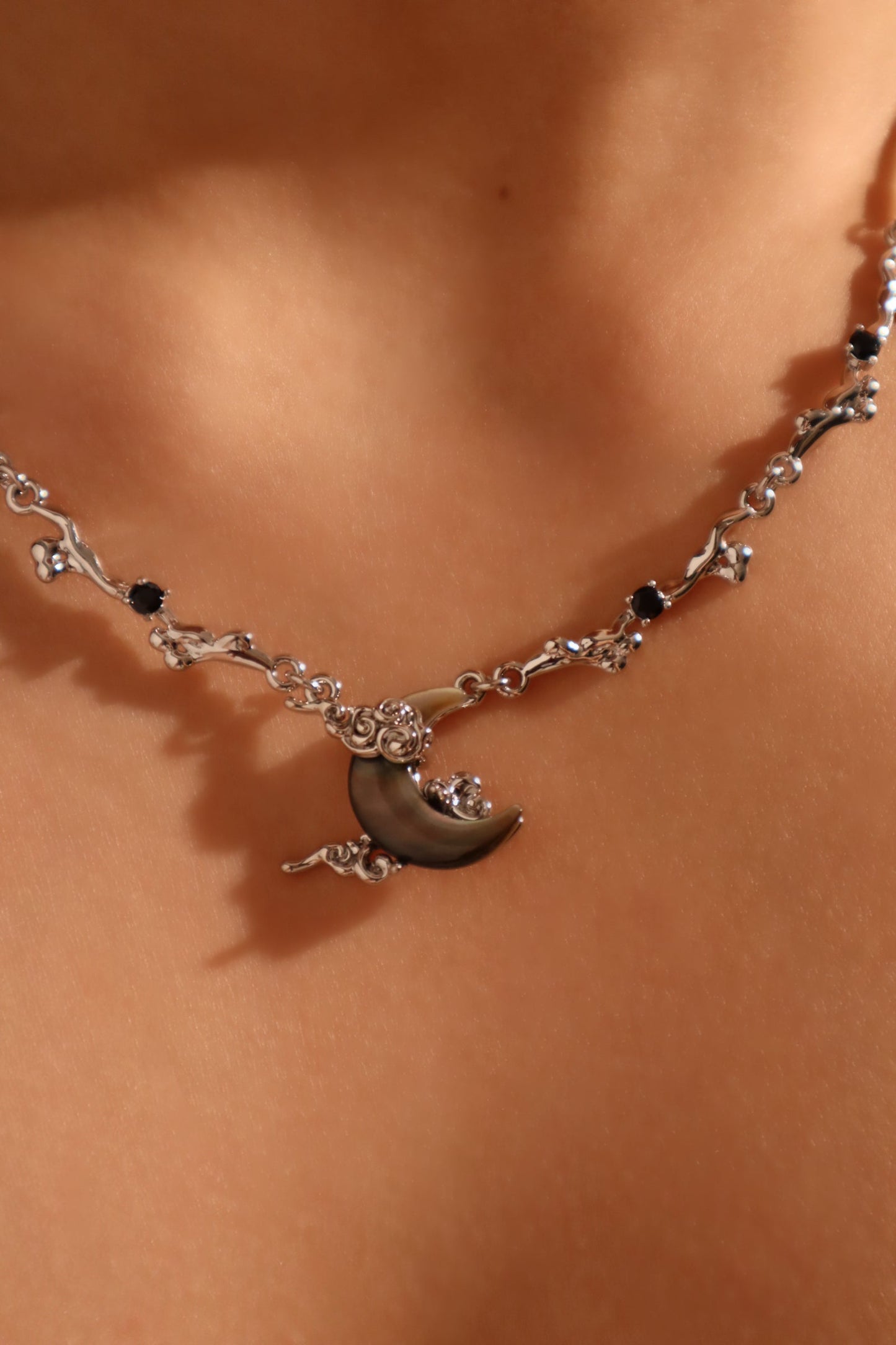 Platinum Plated Black Shell Moon Necklace