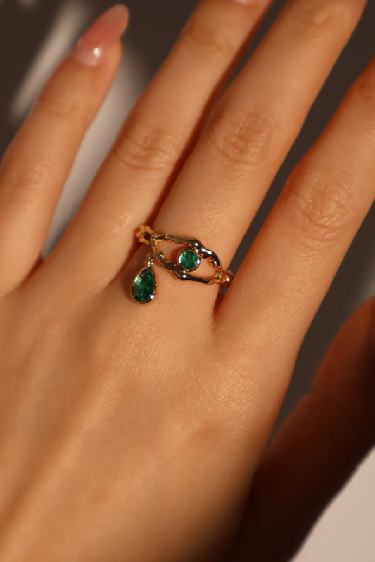 18K Real Gold Plated Green Gem Eye Ring