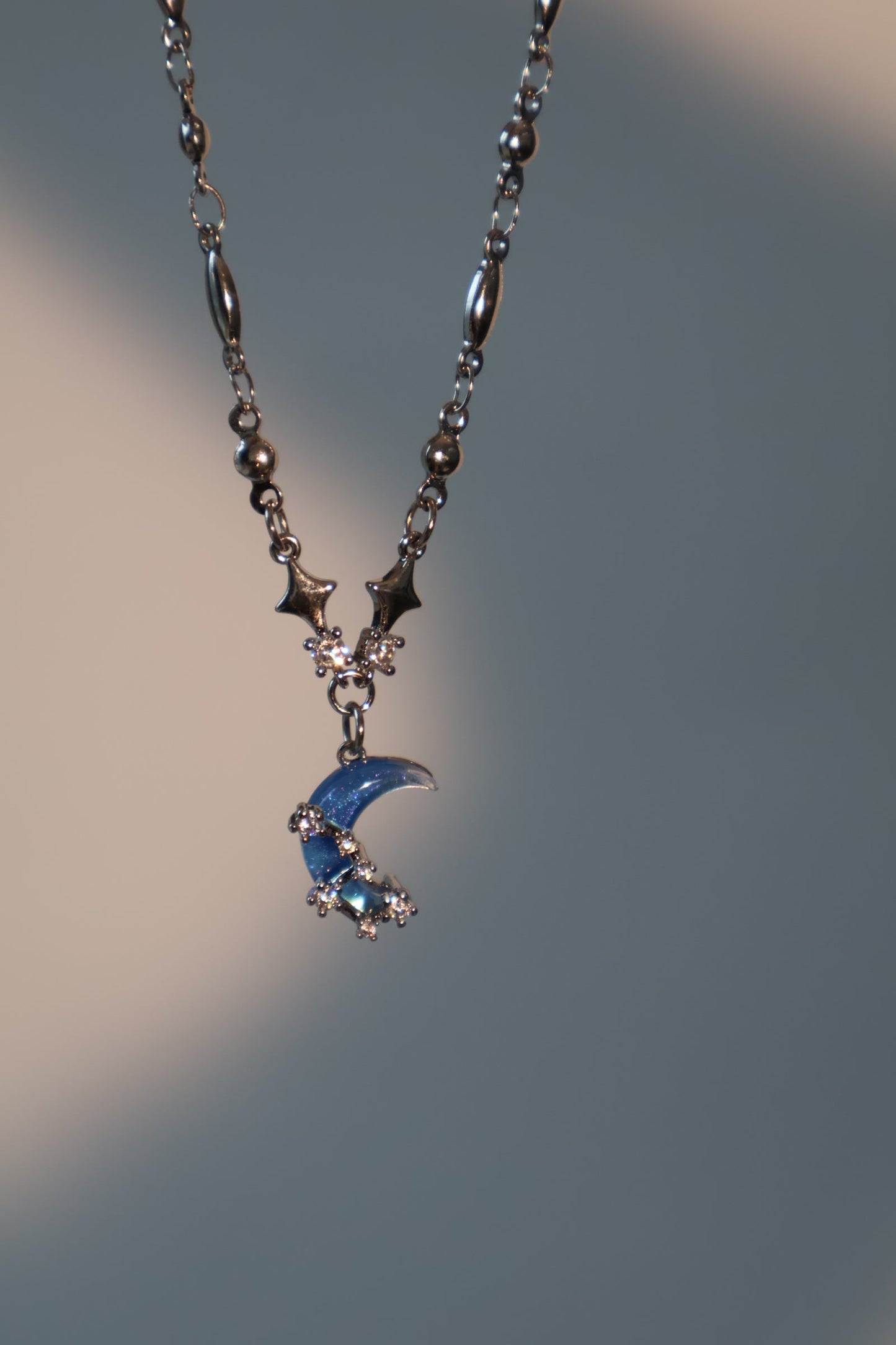 Platinum Plated Moonstone Moon Star Necklace