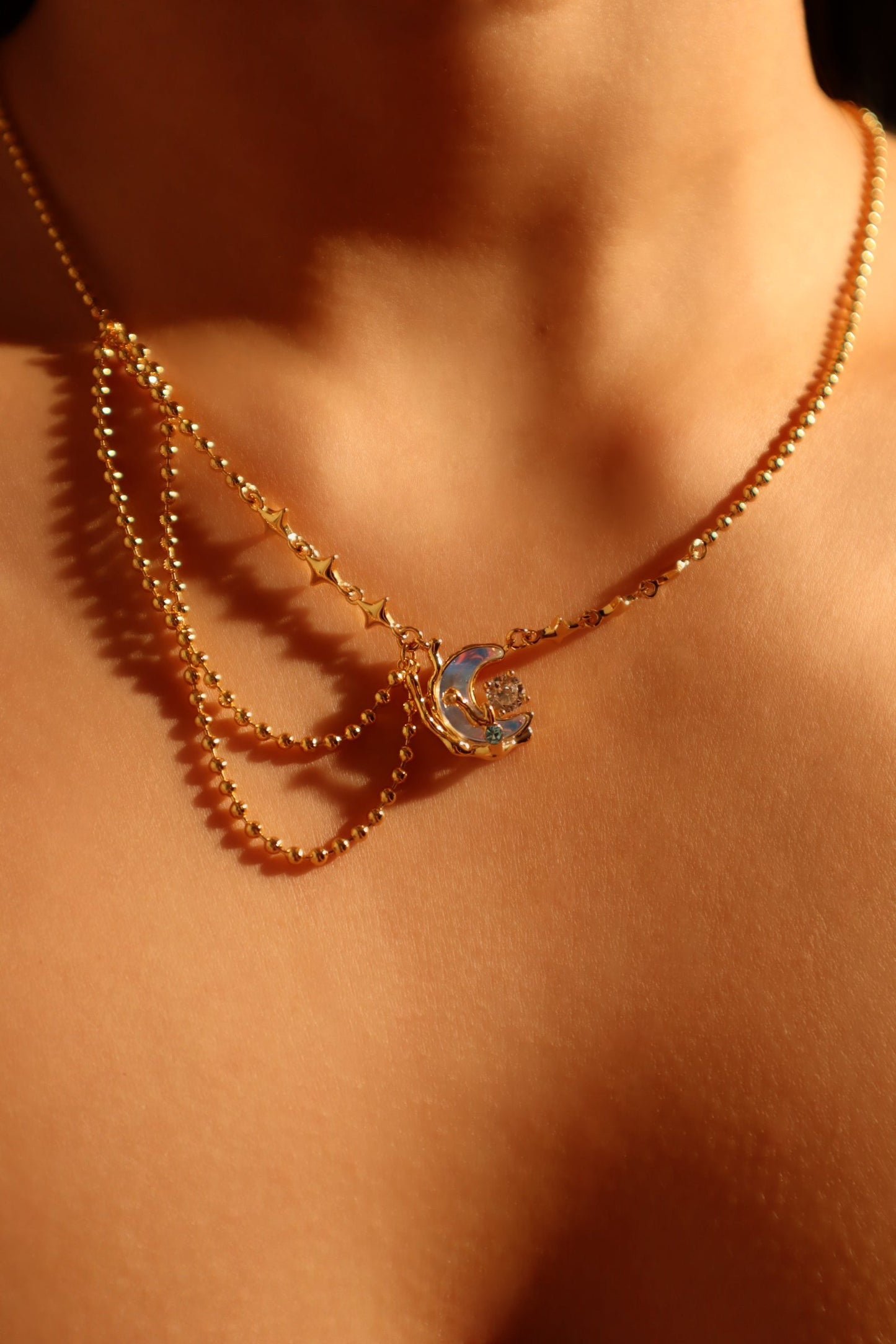 18K Real Gold Plated Diamond Moonstone Moon Necklace