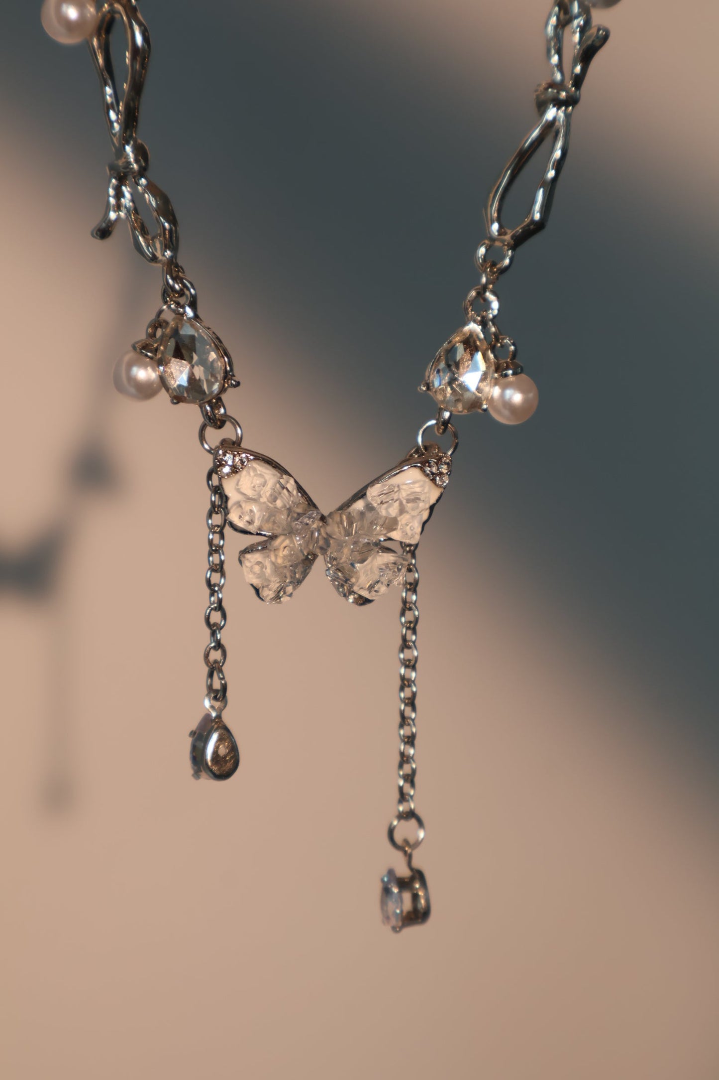 Platinum Plated Blue Crystal Butterfly Necklace