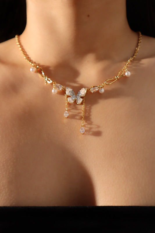 18K Real Gold Plated Blue Crystal Butterfly Necklace