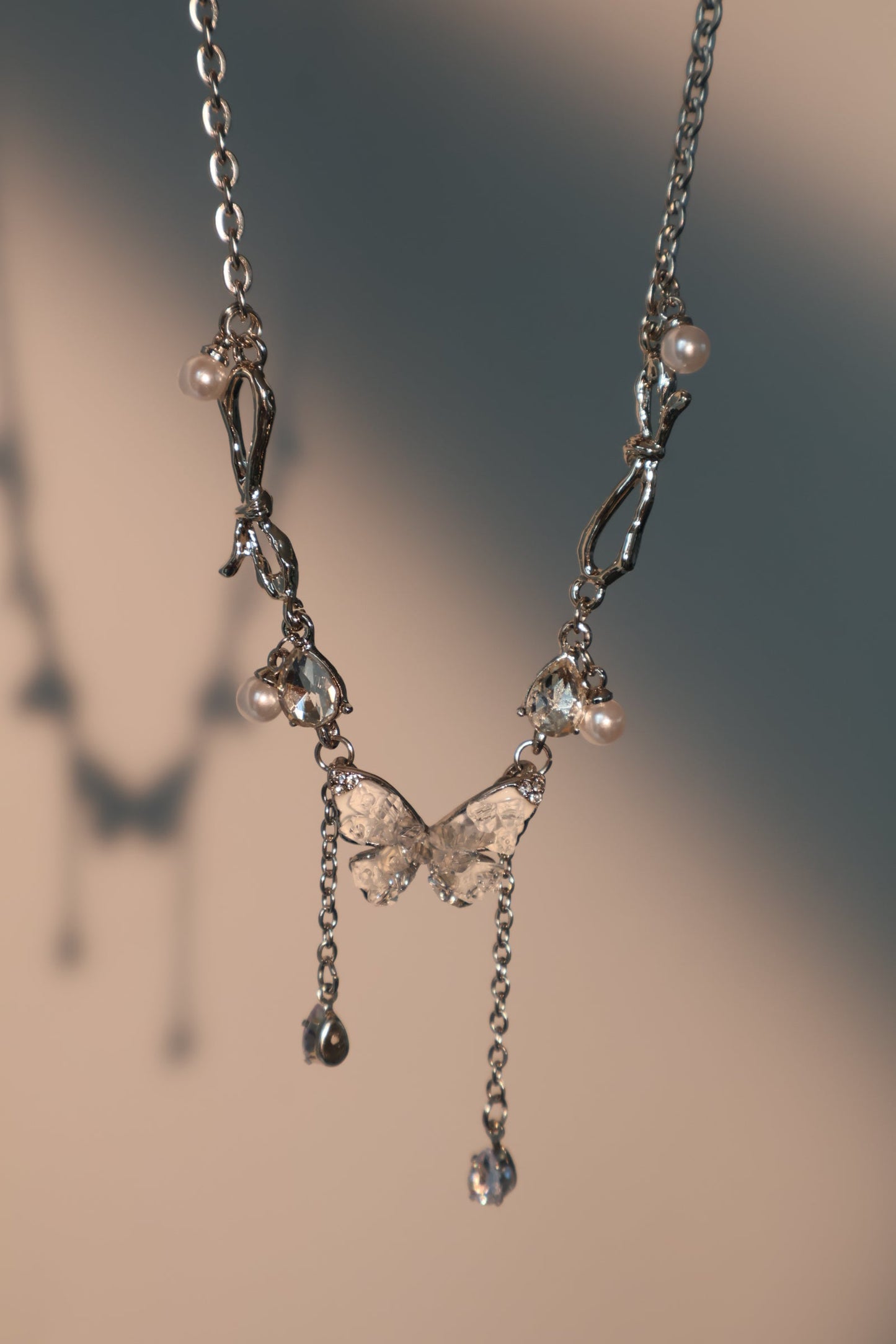 Platinum Plated Blue Crystal Butterfly Necklace