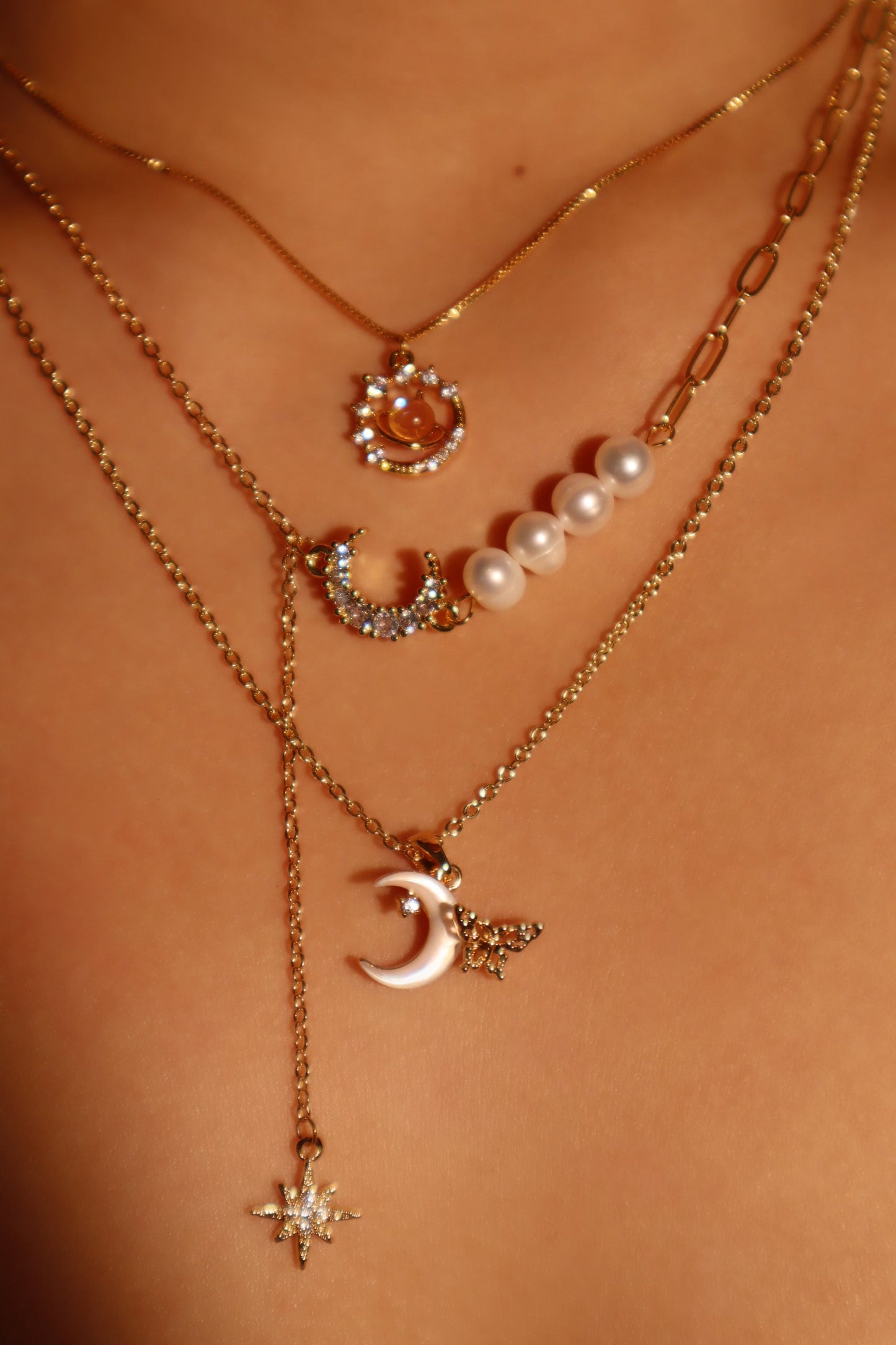 14K Real Gold Plated Moonstone Saturn Star Necklace