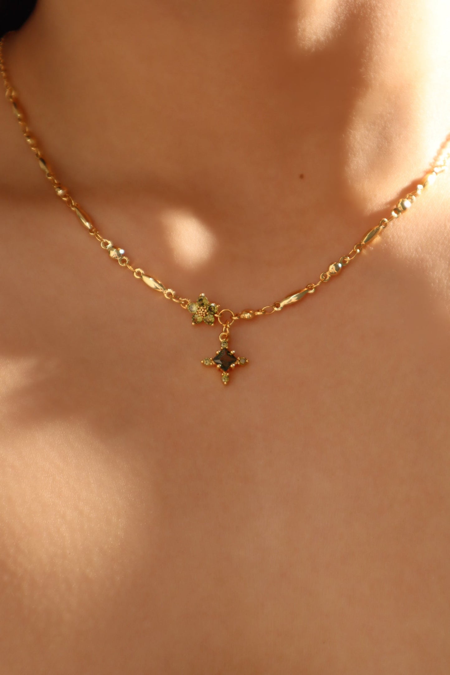 18K Real Gold Plated Green Diamond Cross Necklace