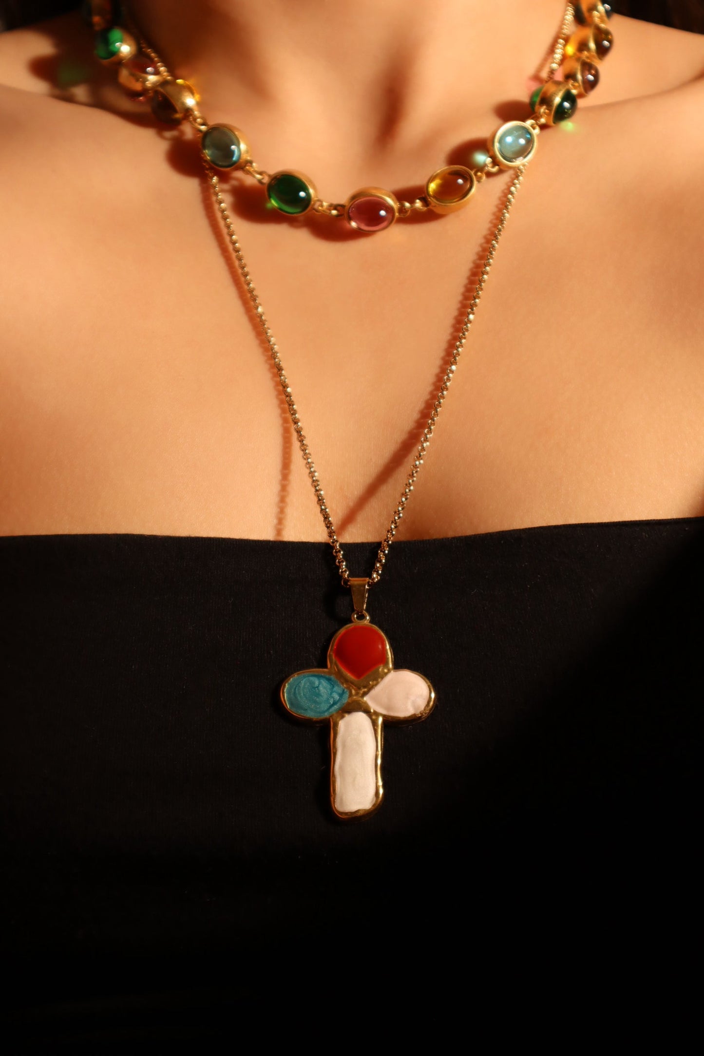 18K Gold Stainless Steel Enamel Cross Necklace