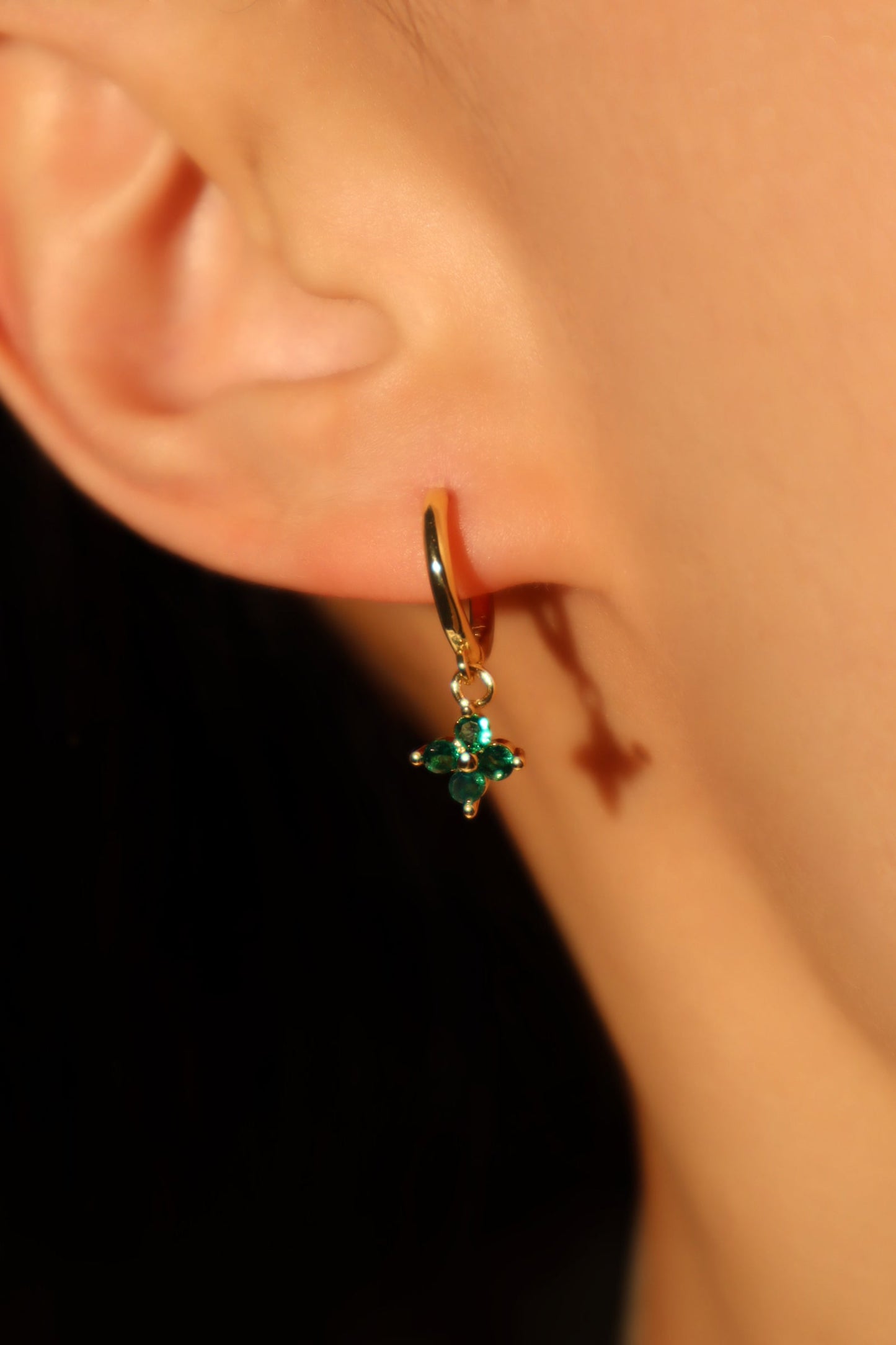 18K Real Gold Plated Green Gem Lucky Leaf Hoop Earrings