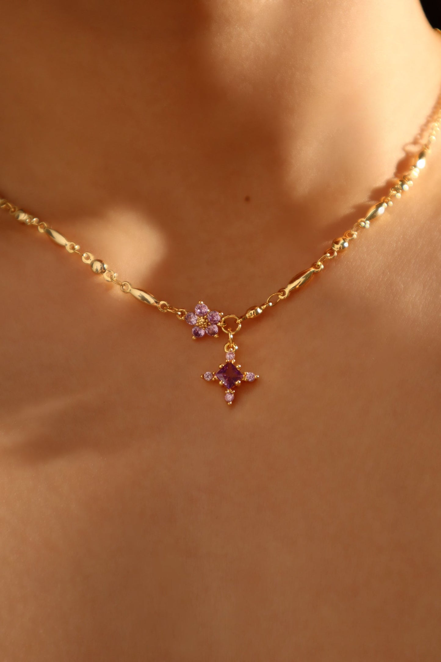 18K Real Gold Plated Purple Diamond Cross Necklace