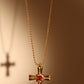 18K Gold Stainless Steel Red Gem Cross Necklace