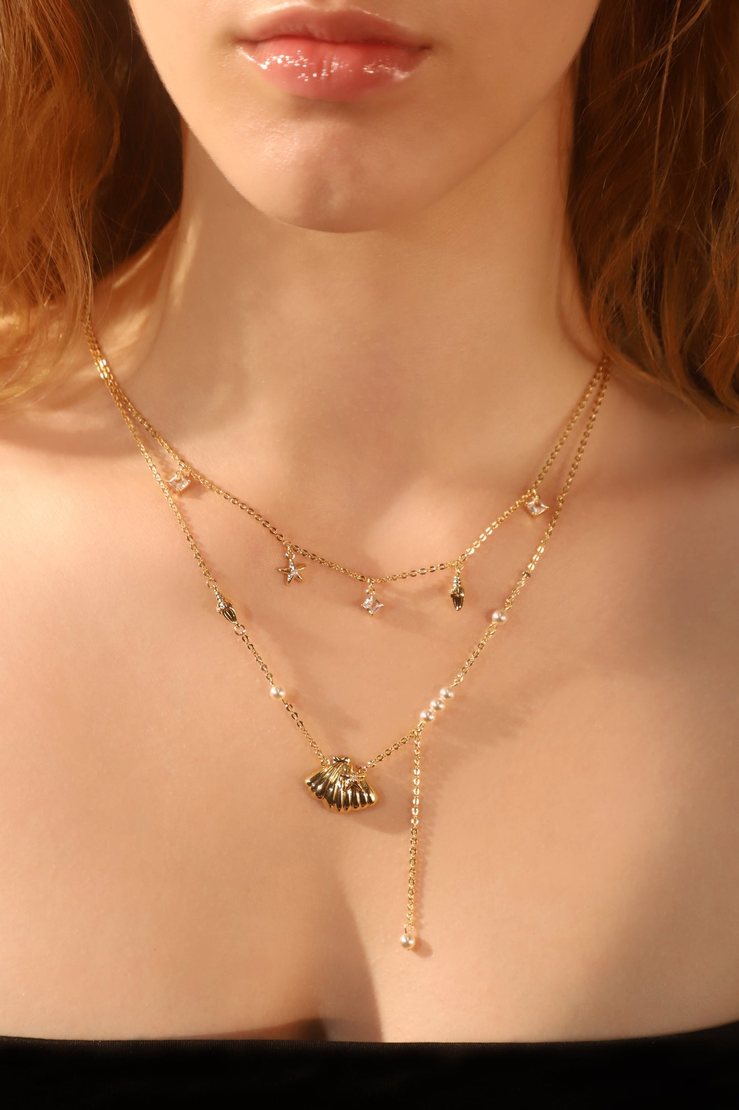 18K Real Gold Plated Shell Starfish Pearls Layer Necklace