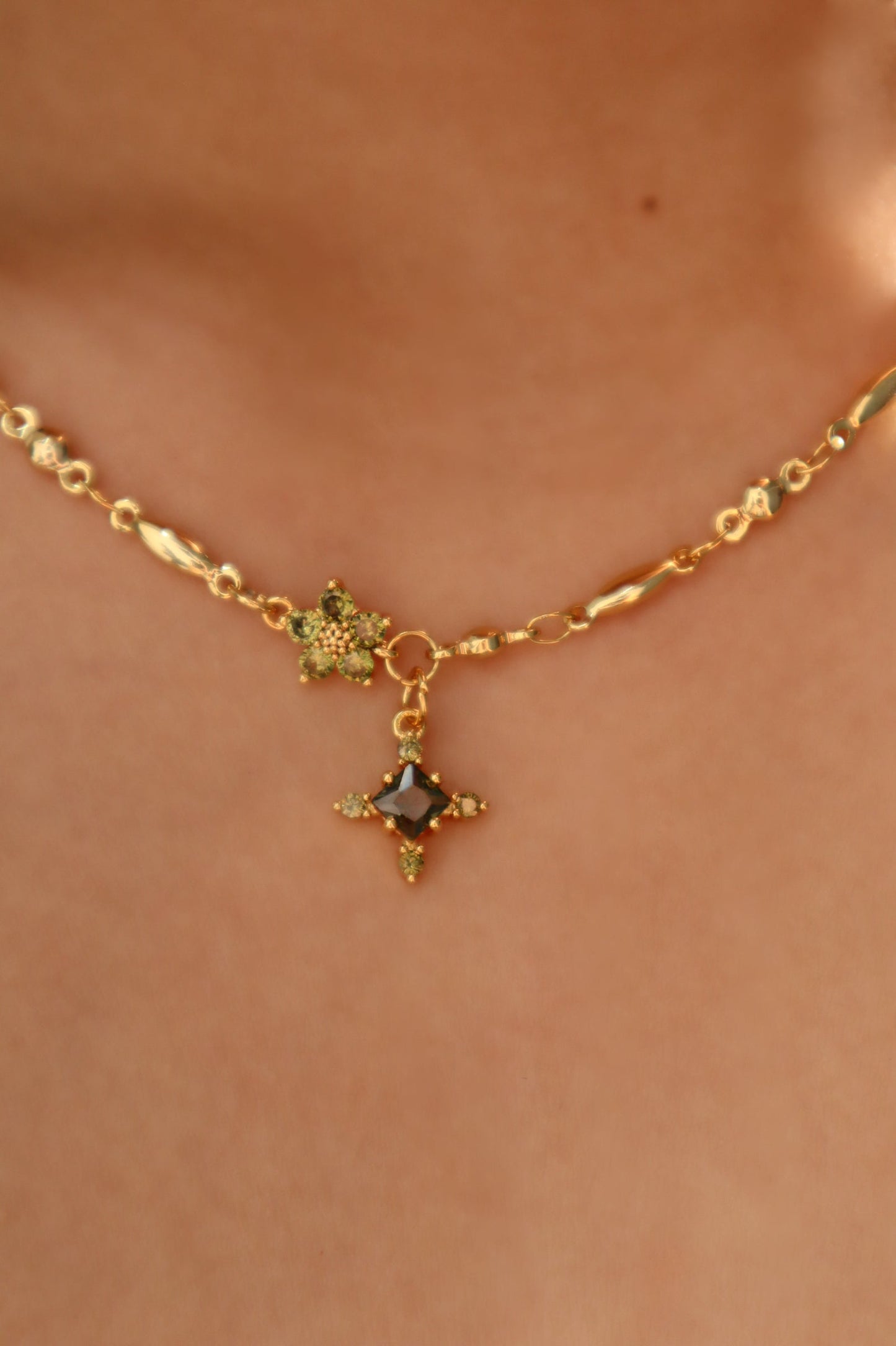 18K Real Gold Plated Green Diamond Cross Necklace