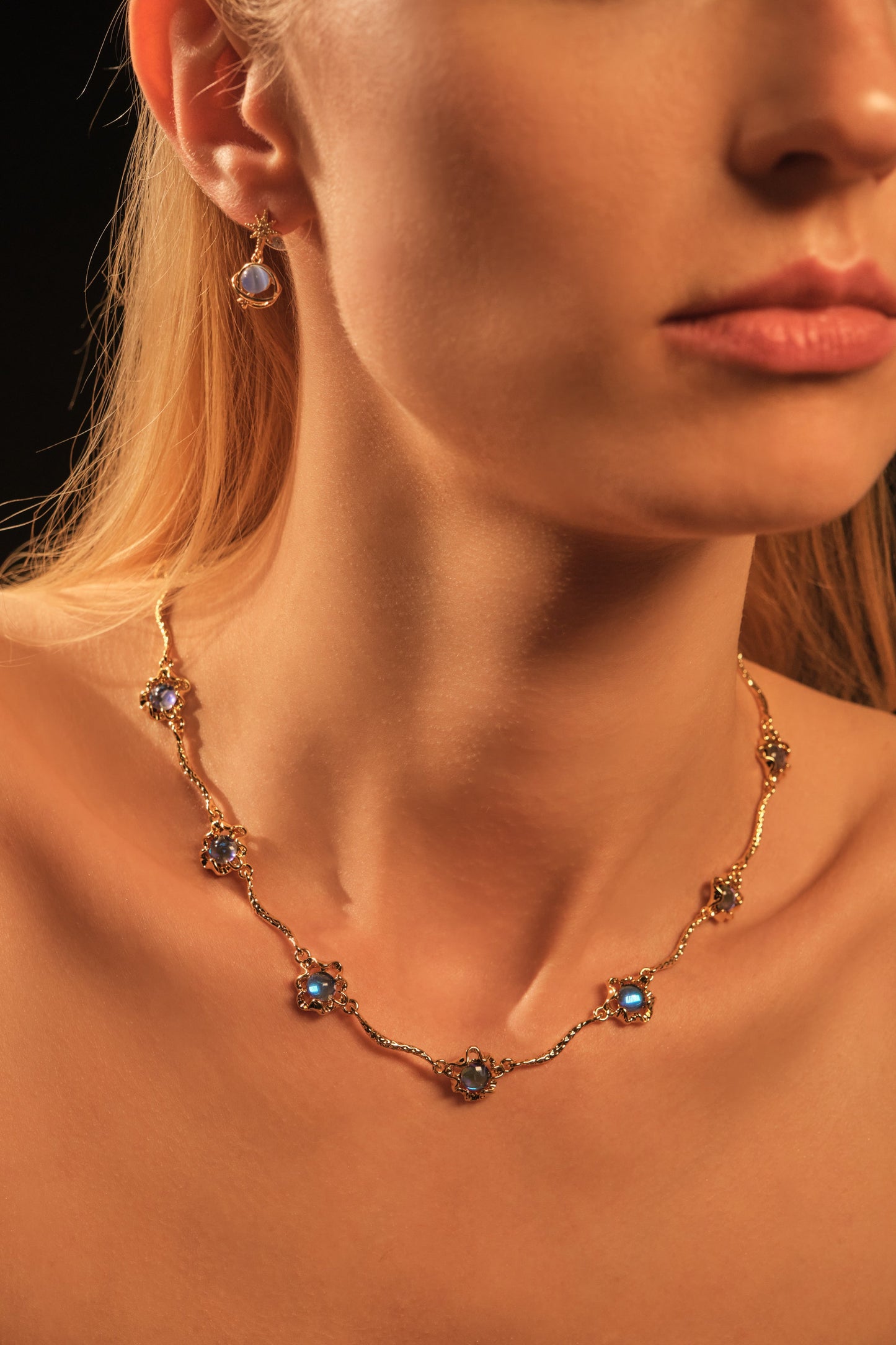 18K Real Gold Plated Multi Deep Blue Moonstones Necklace