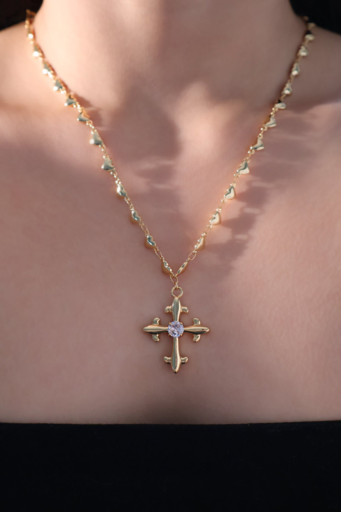 18K Real Gold Plated Diamond Cross of Hearts Necklace