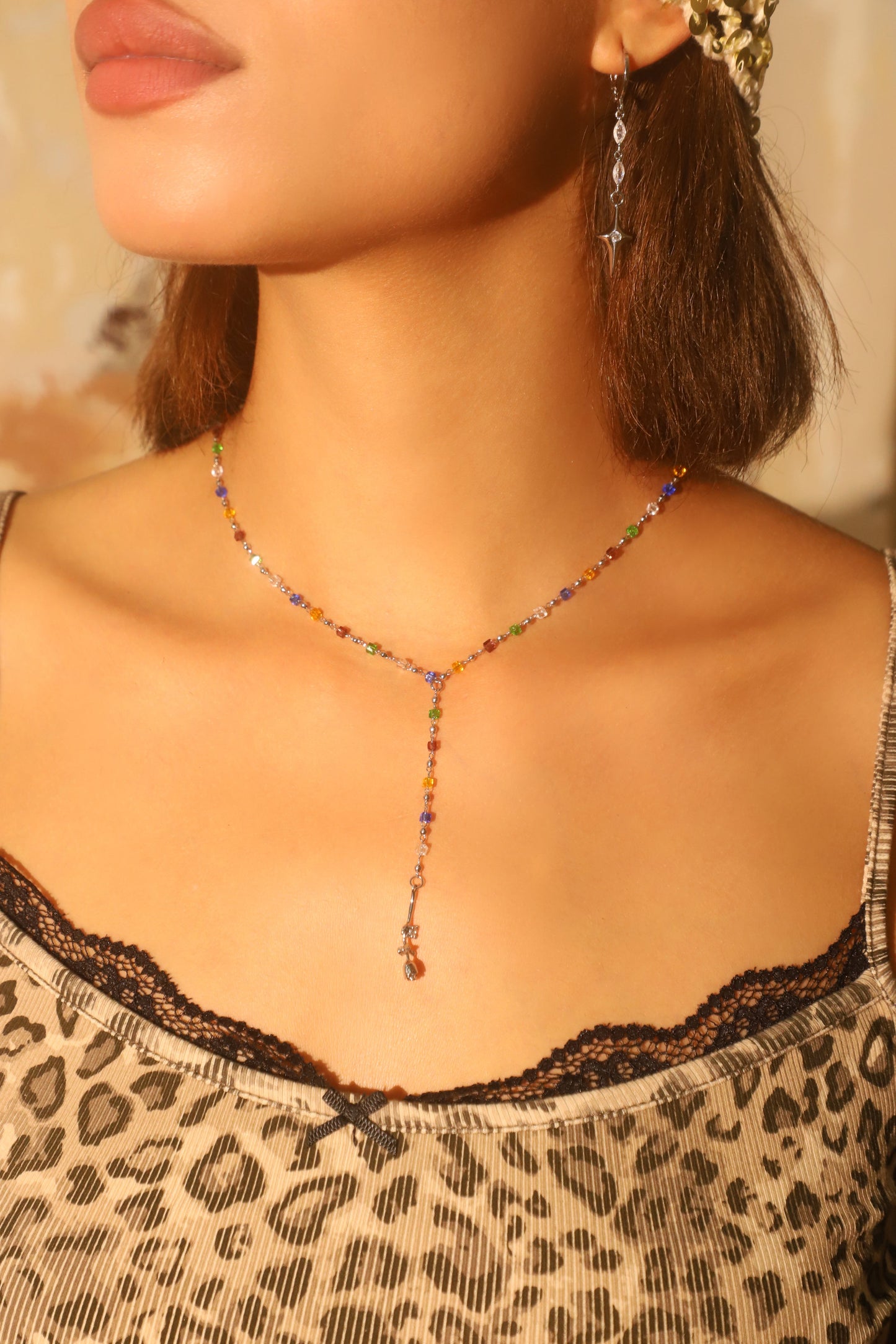 Platinum Plated Color Gem Rose Lariat Long Necklace