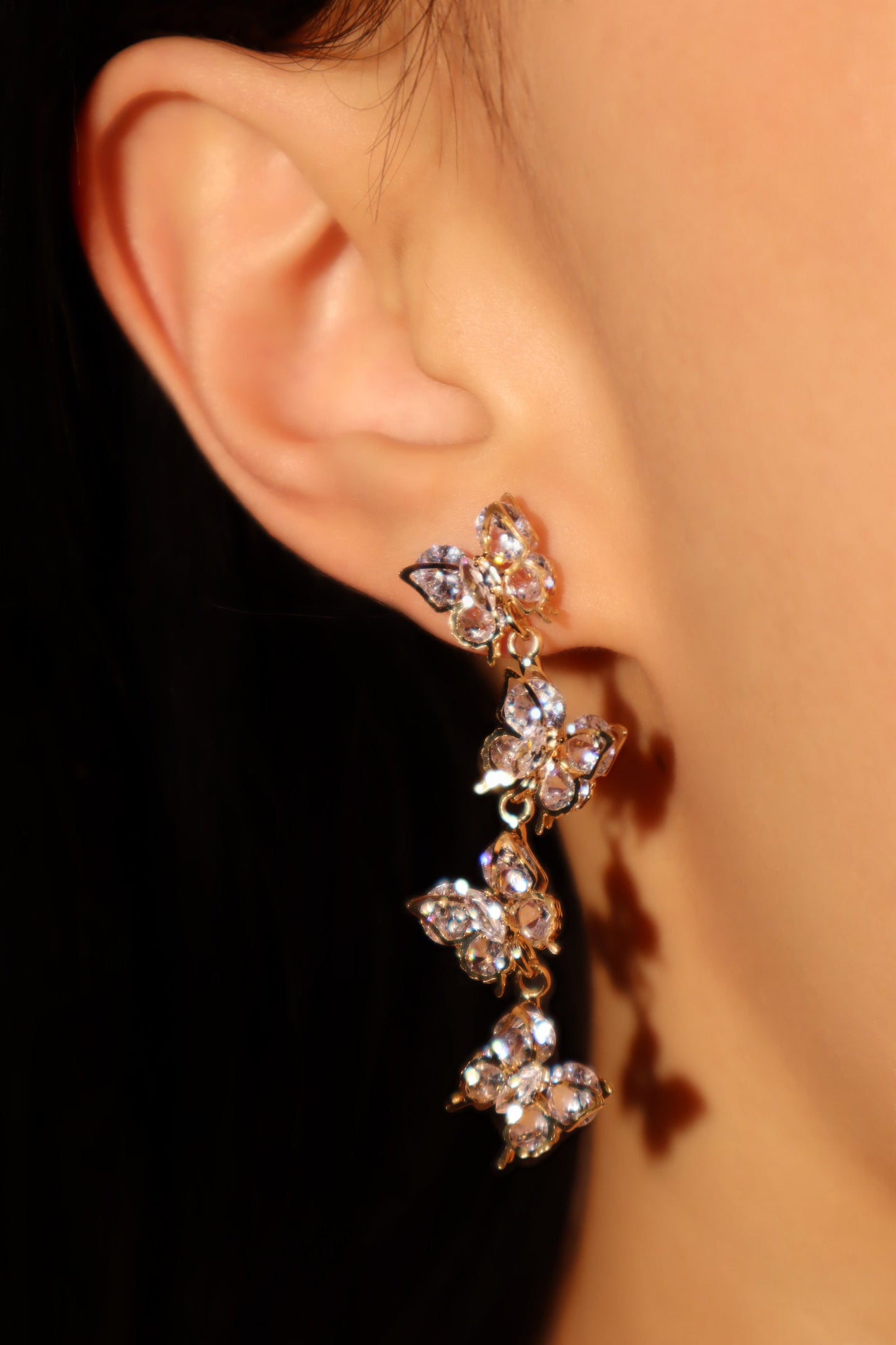 14K Real Gold Plated Diamond Butterfly Dangle Earrings