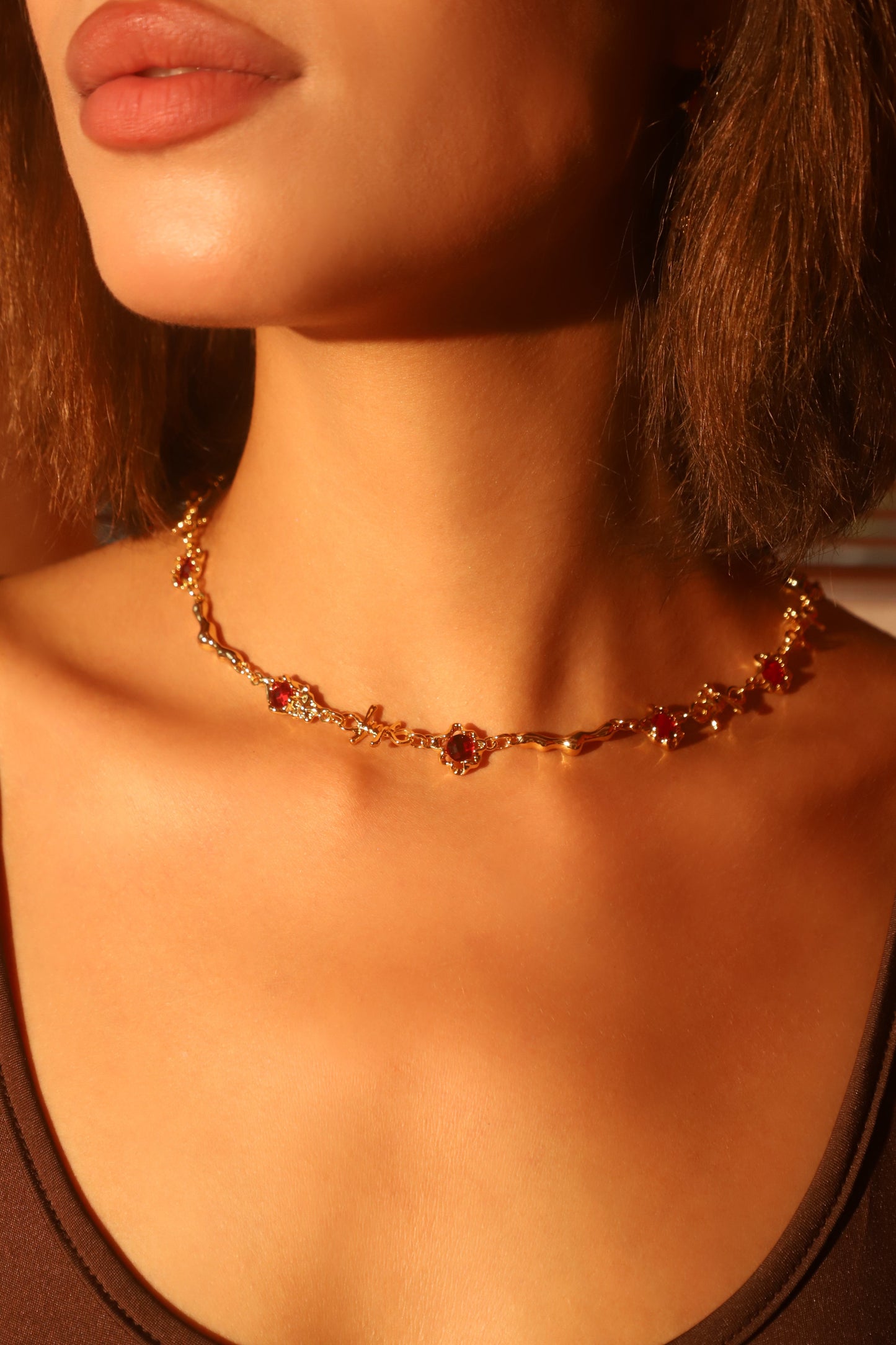 18K Real Gold Plated Multi Red Gem Twist Necklace