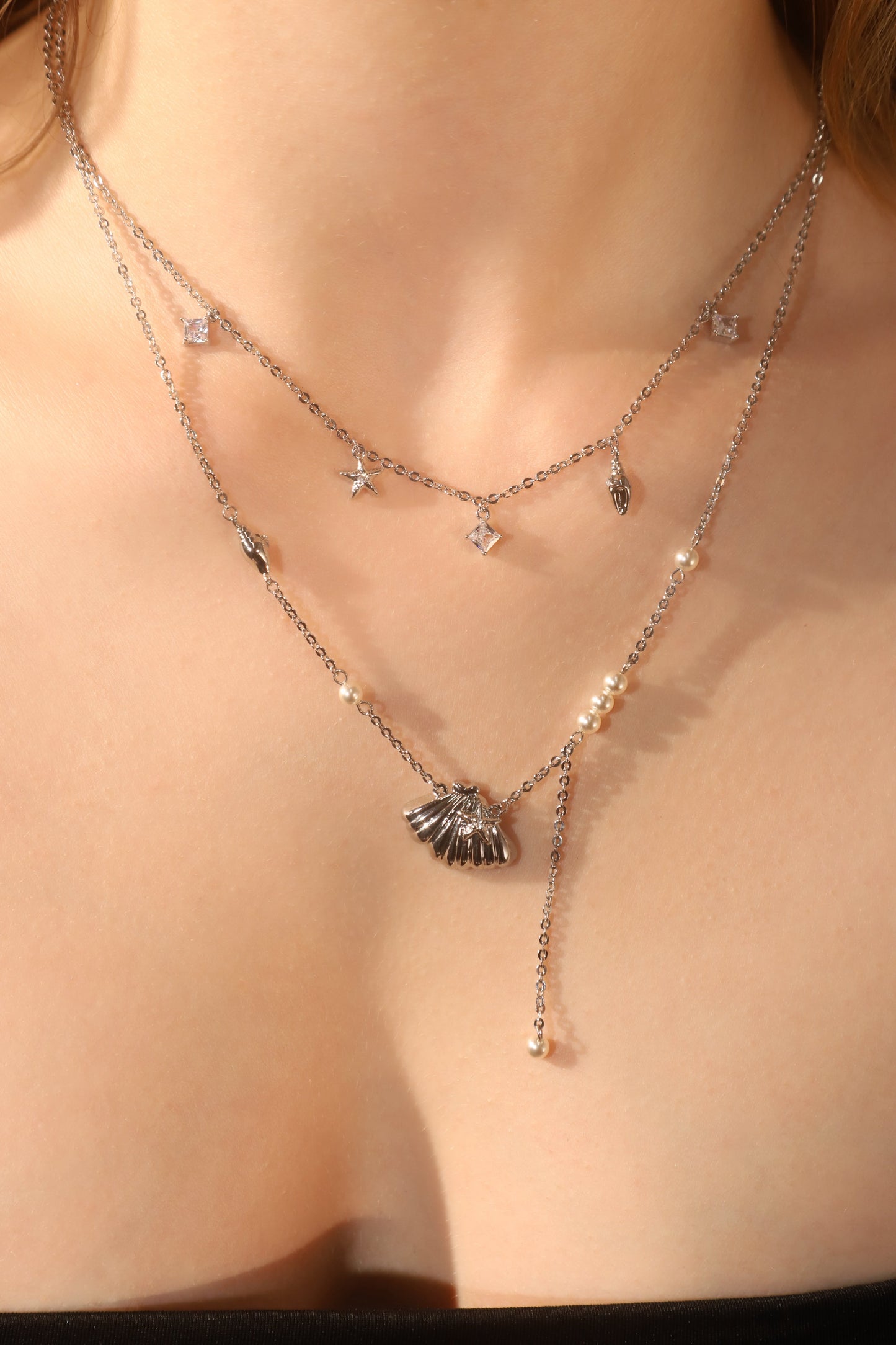 Platinum Plated Shell Starfish Pearls Layer Necklace