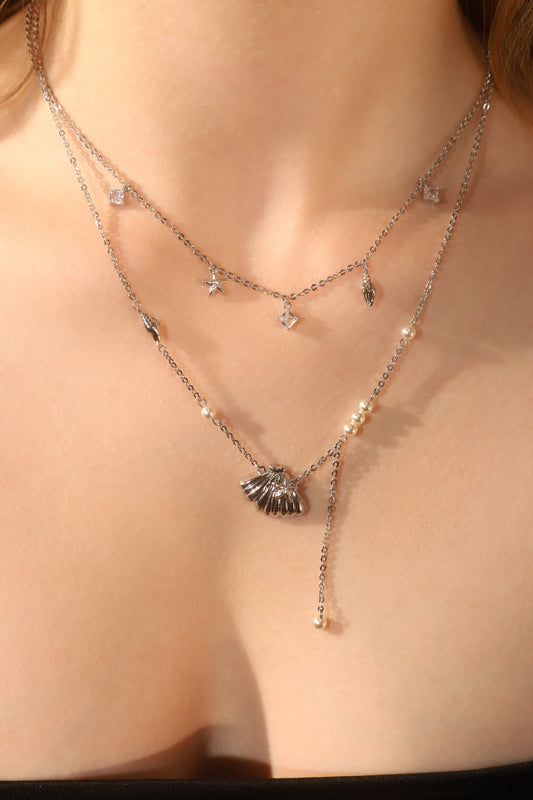 Platinum Plated Shell Starfish Pearls Layer Necklace