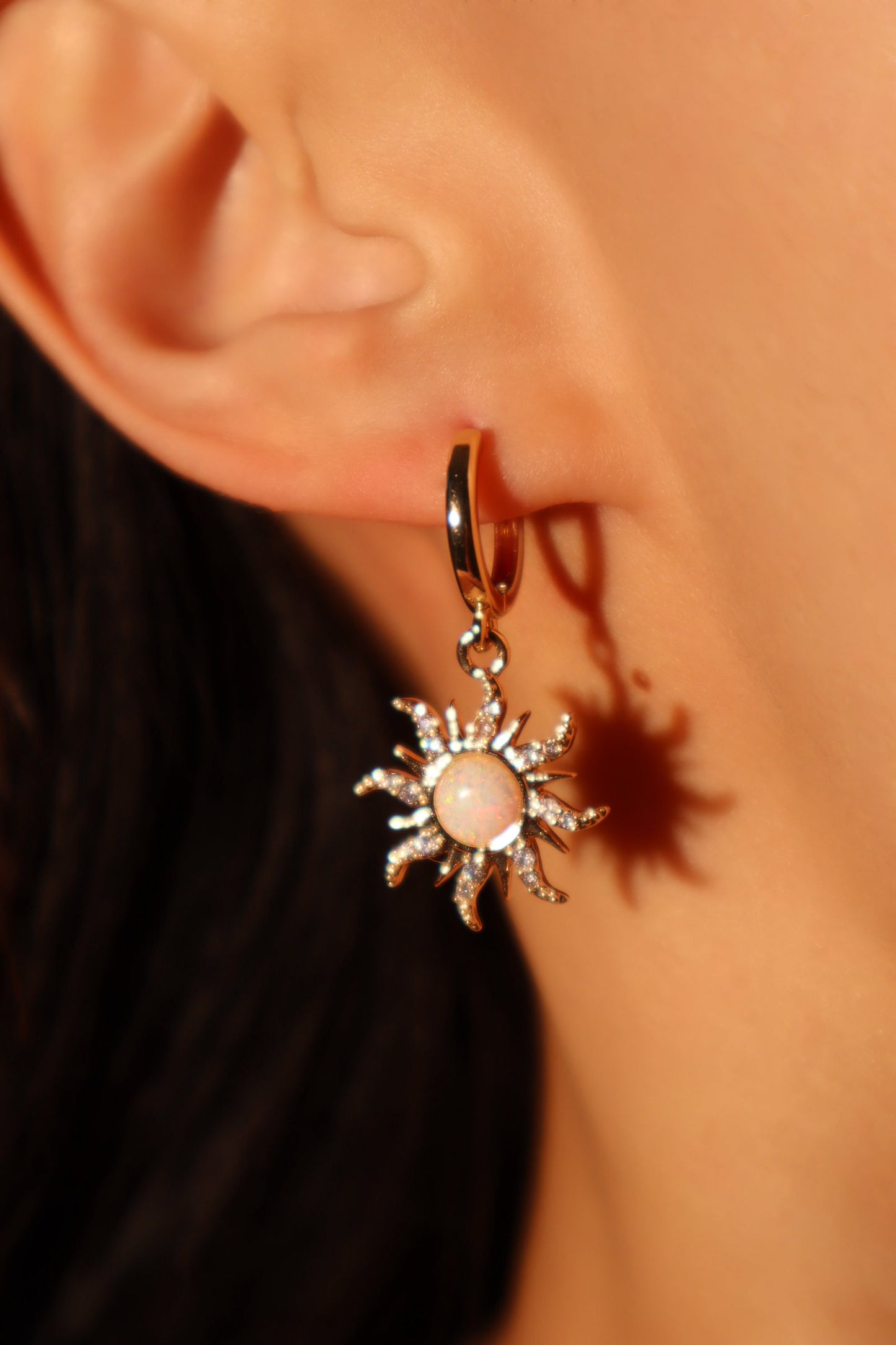 14K Real Gold Plated White Opal Sun Earrings